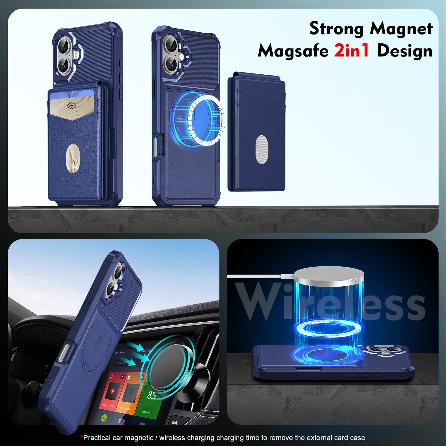 Strong Magnet Magsafe 2in1 Design Wireless

Practical car magnetic / wireless charging charging time to remove the external card case