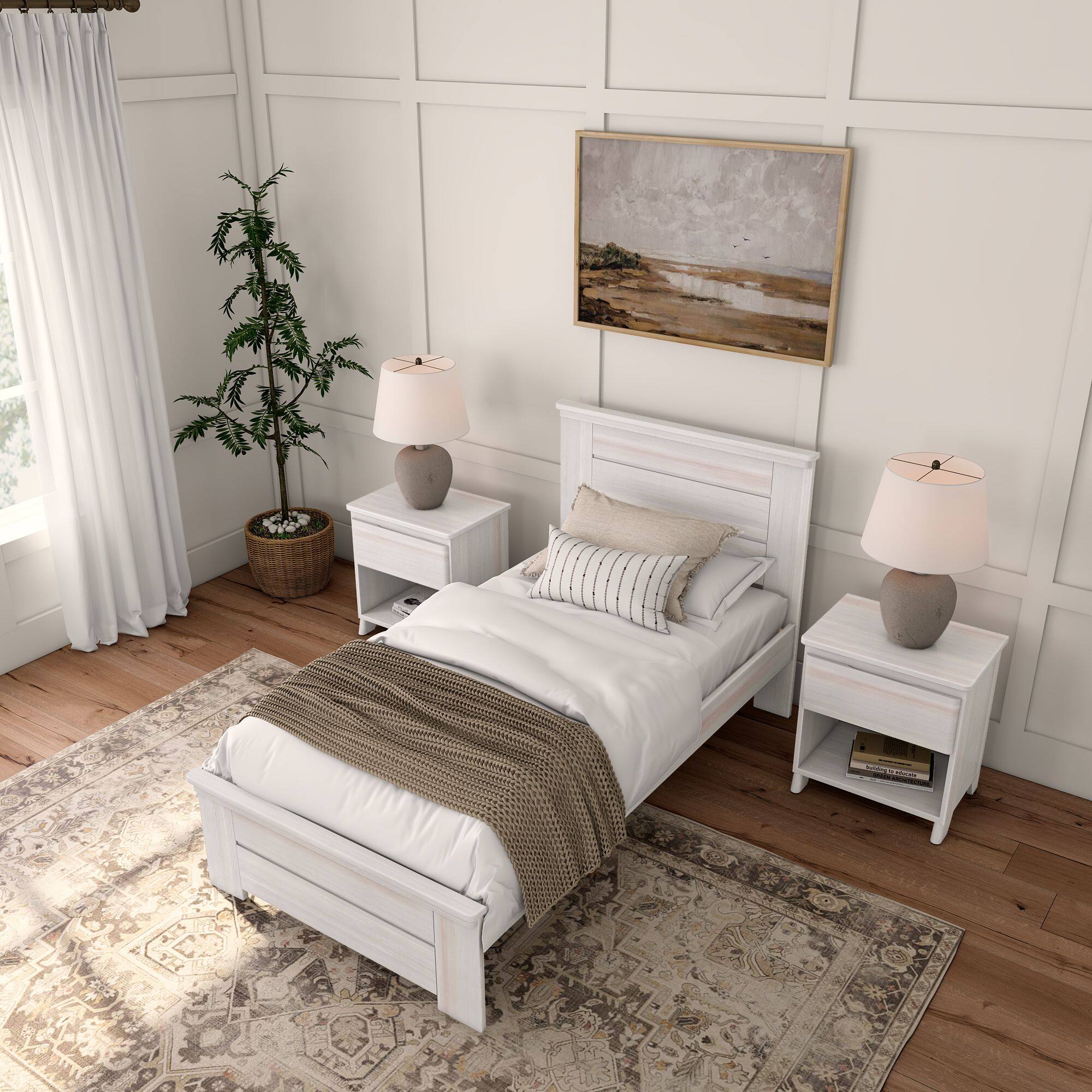 Alt View 4. Plank+Beam - Farmhouse Twin Bed with Panel Headboard, White Wash - White Wash.