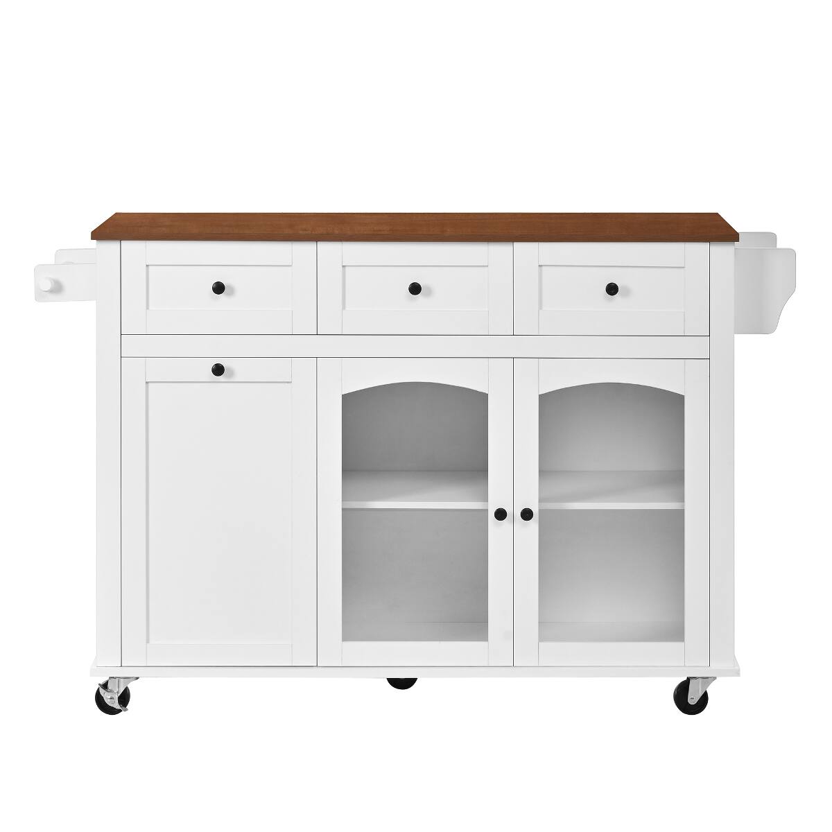 Alt View 7. Loheer - Loheer 54.2 inch mobile kitchen island rolling kitchen cart with trash bin cabinet white and walnut kitchen prep table - White+Walnut.