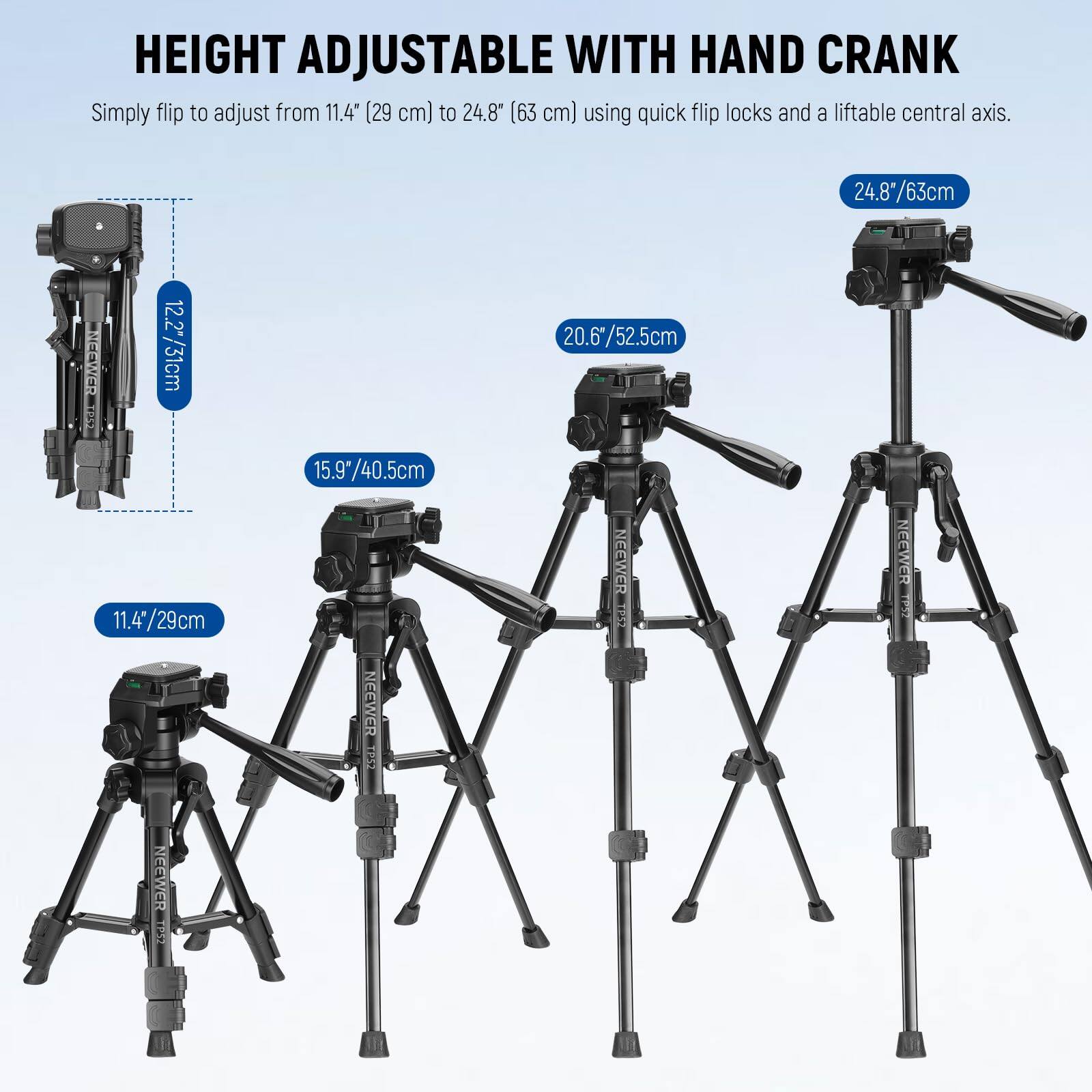 HEIGHT ADJUSTABLE WITH HAND CRANK

Simply flip to adjust from 11.4" (29 cm) to 24.8" (63 cm) using quick flip locks and a liftable central axis.

- 11.4" / 29cm
- 15.9" / 40.5cm
- 12.2" / 31cm
- 20.6" / 52.5cm
- 24.8" / 63cm