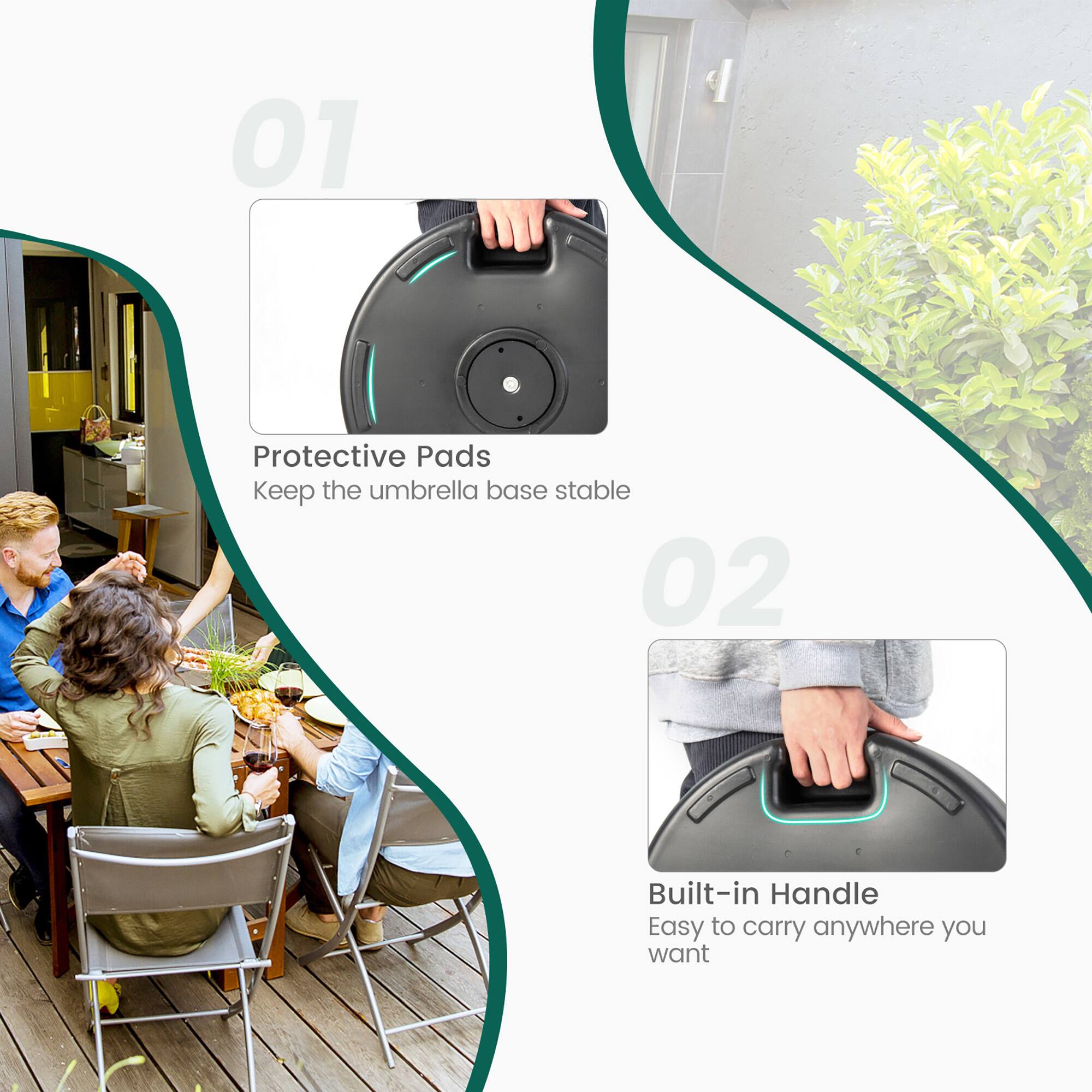 01 Protective Pads  
Keep the umbrella base stable  

02 Built-in Handle  
Easy to carry anywhere you want