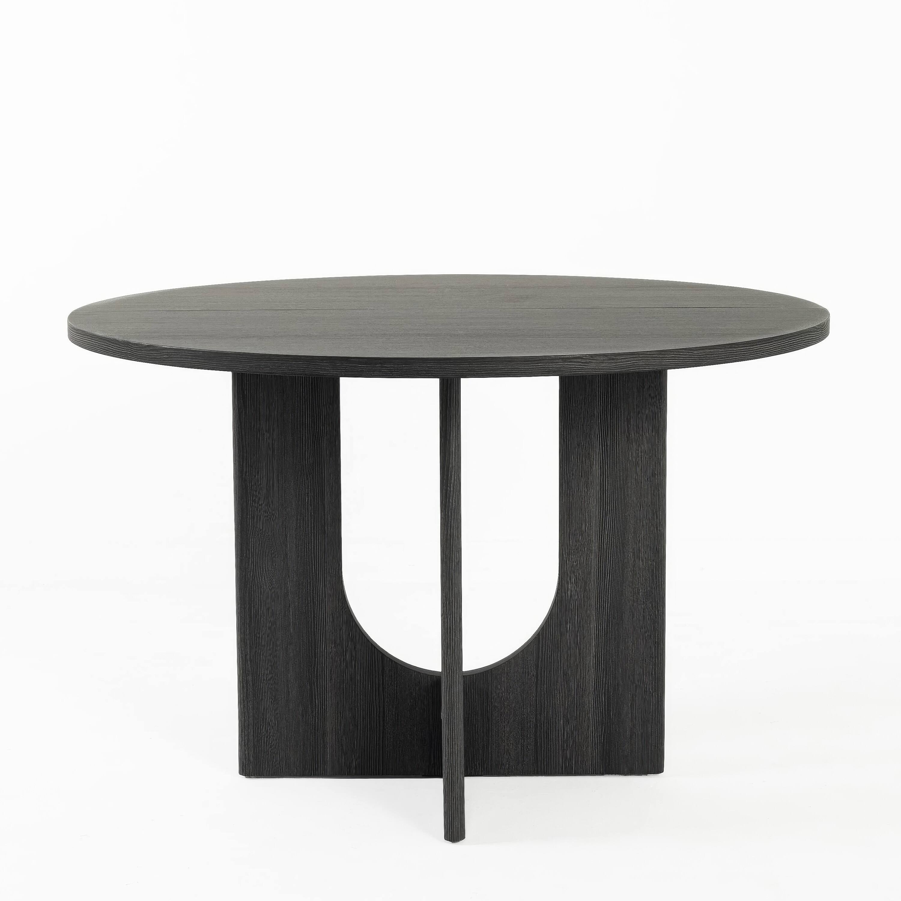 Left. Manhattan Lane - Kysa Dining Table, 47 Inch Round Top, Cross U Pedestal Base - Dark Gray.