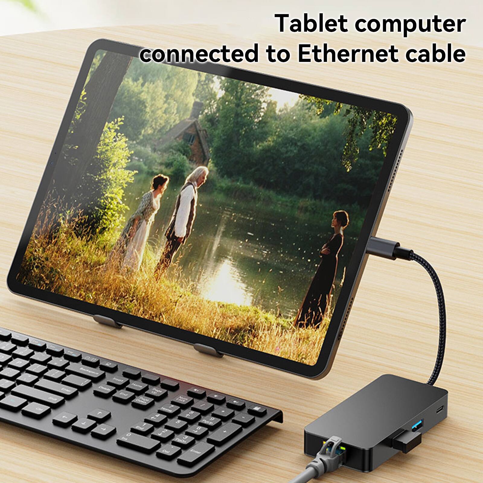 Tablet computer connected to Ethernet cable
