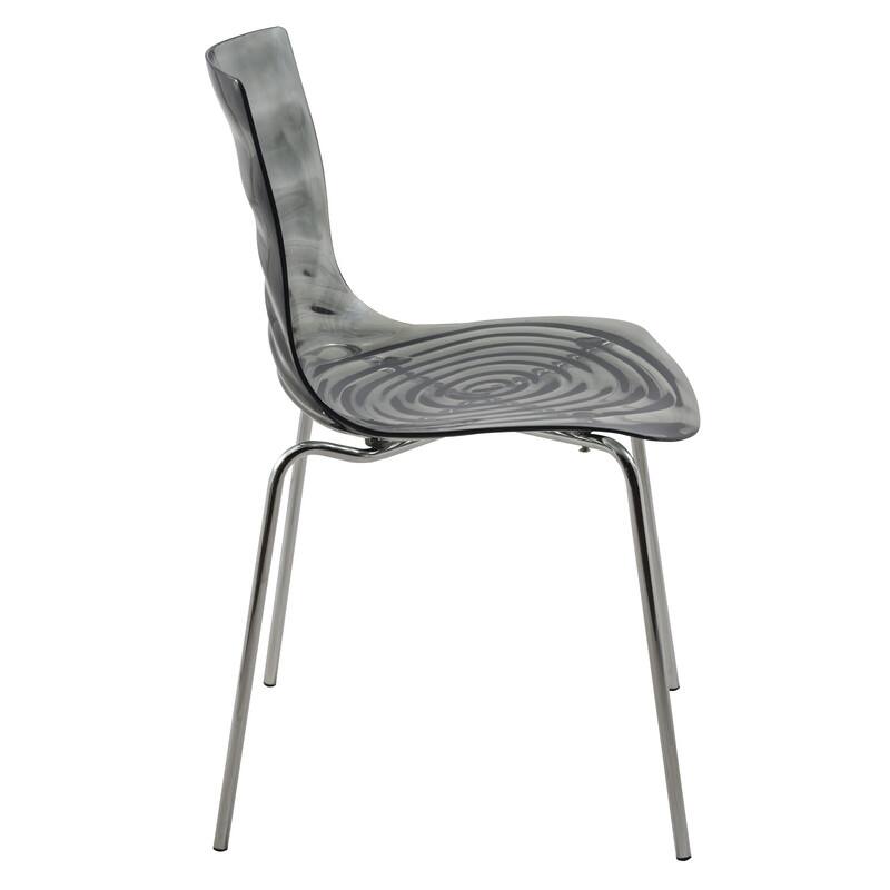 Back. LeisureMod - Set of 2 Astor Plastic Side Dining Chair with Accent Chrome Metal Legs and Ripple Design for Home or Office - Transparent Black.