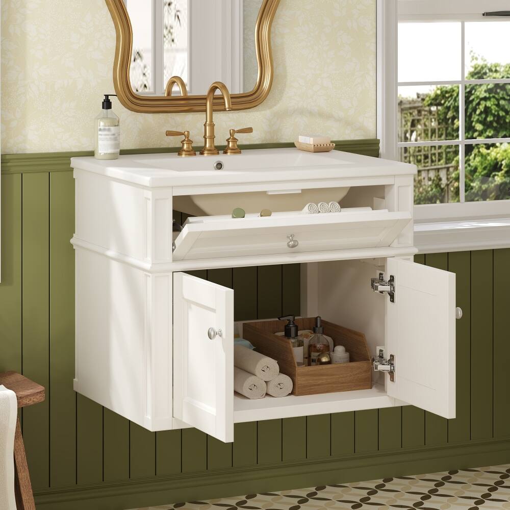 Back. Loheer - Loheer 24 inch Wall Mounted Bathroom Vanity White Floating Vanity with Sink 2 Door - White.