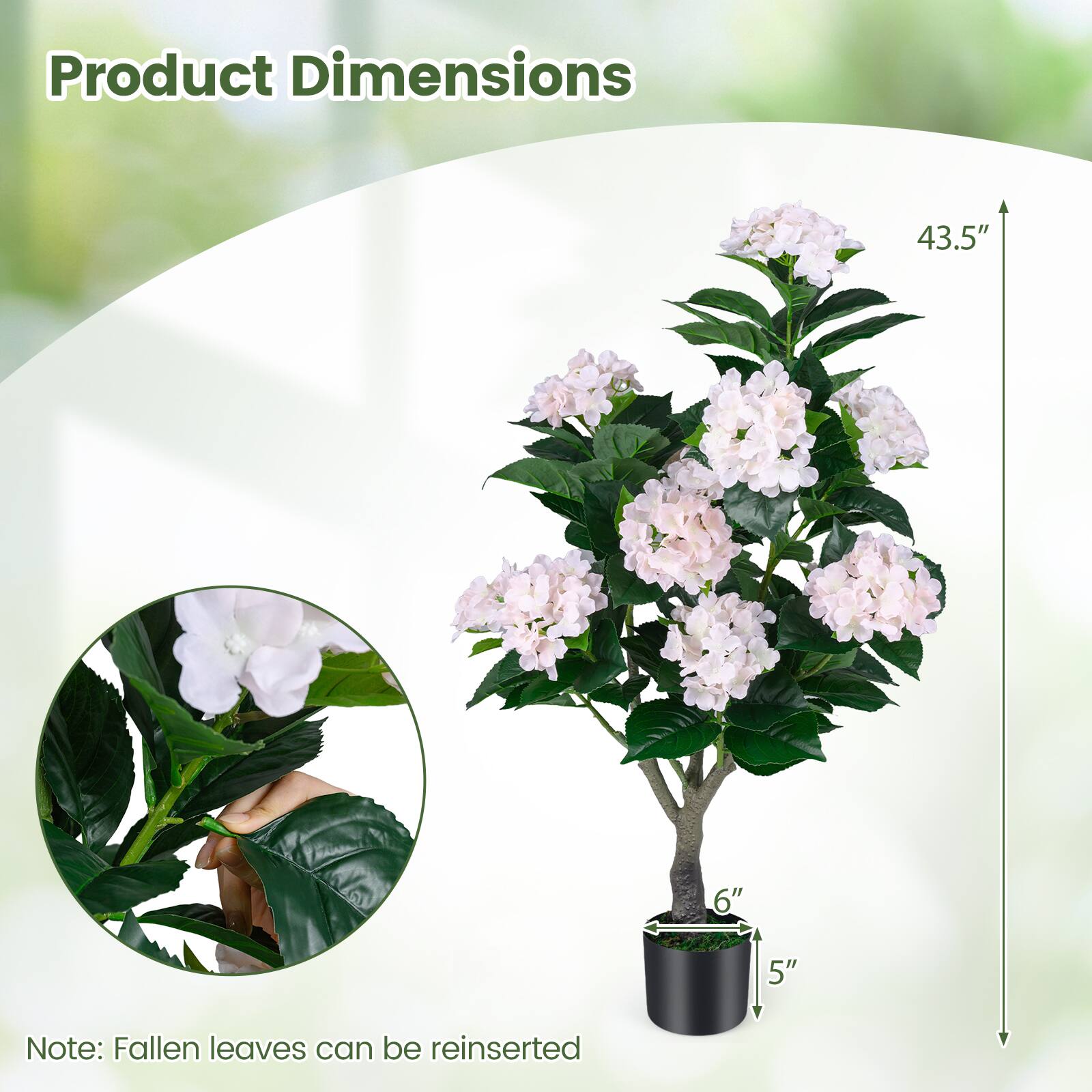 Product Dimensions: 43.5" x 6" x 5"  
Note: Fallen leaves can be reinserted