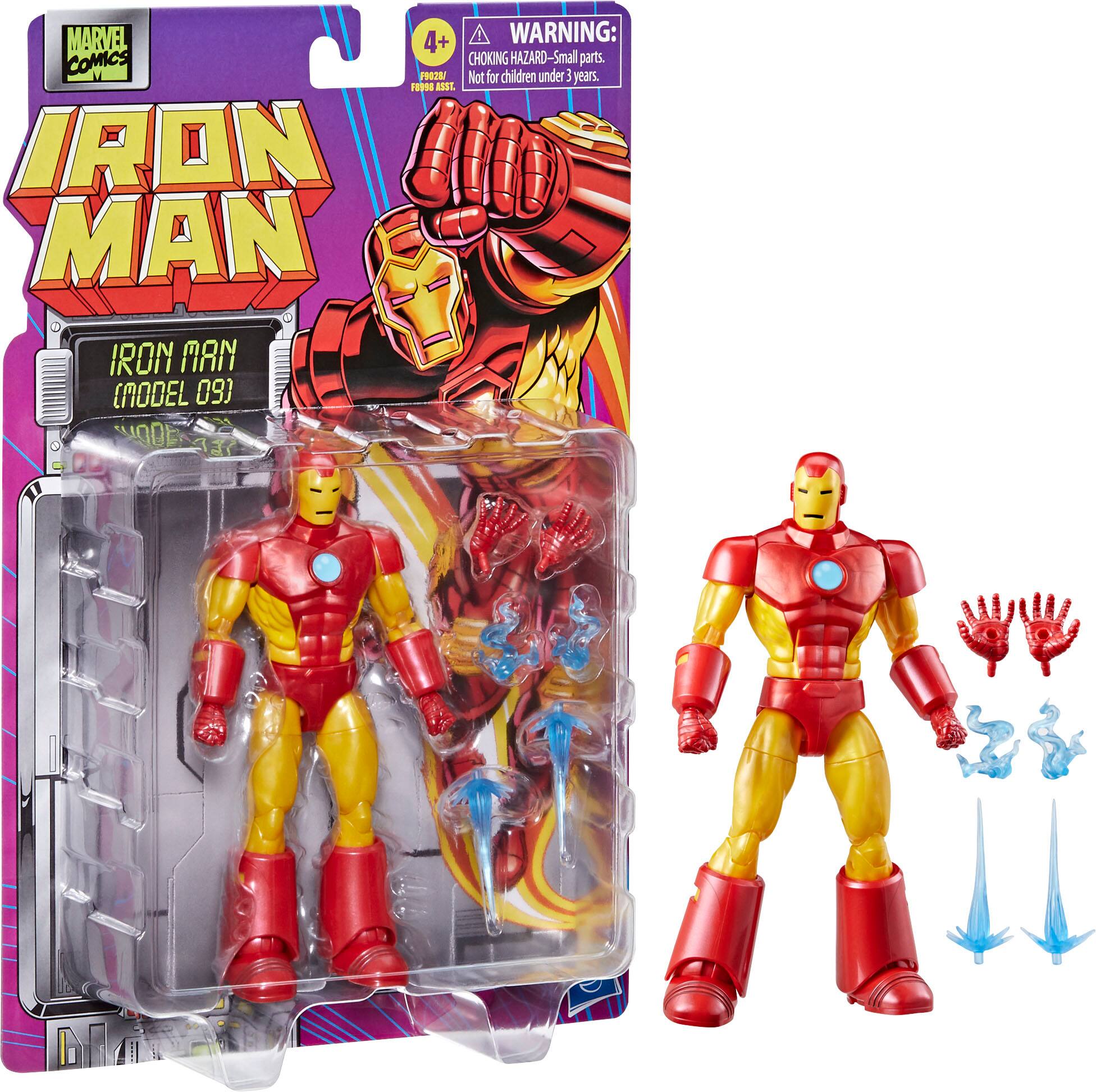 The image features a toy Iron Man action figure, which is part of a Marvel Comics series. The figure is posed with its arms crossed, and it is accompanied by a set of accessories, including a hand and a missile. The toy is designed for children and comes with a warning label, indicating that it is not suitable for children under the age of three due to potential choking hazards. The Iron Man action figure is a popular collectible for fans of the Marvel Comics universe.