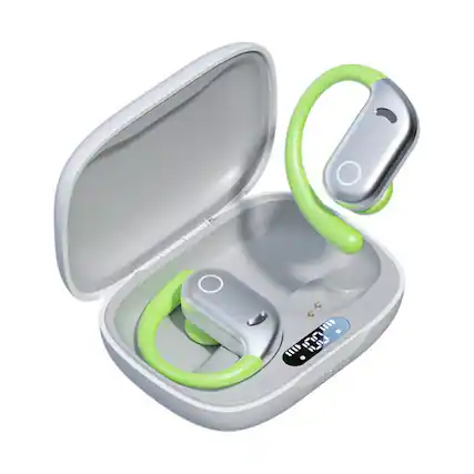 Front. SKRAN - Open-Ear Wireless Bluetooth Headphones, Waterproof, Long Battery Life, LED Display - for Sports, Office, Travel - Green.