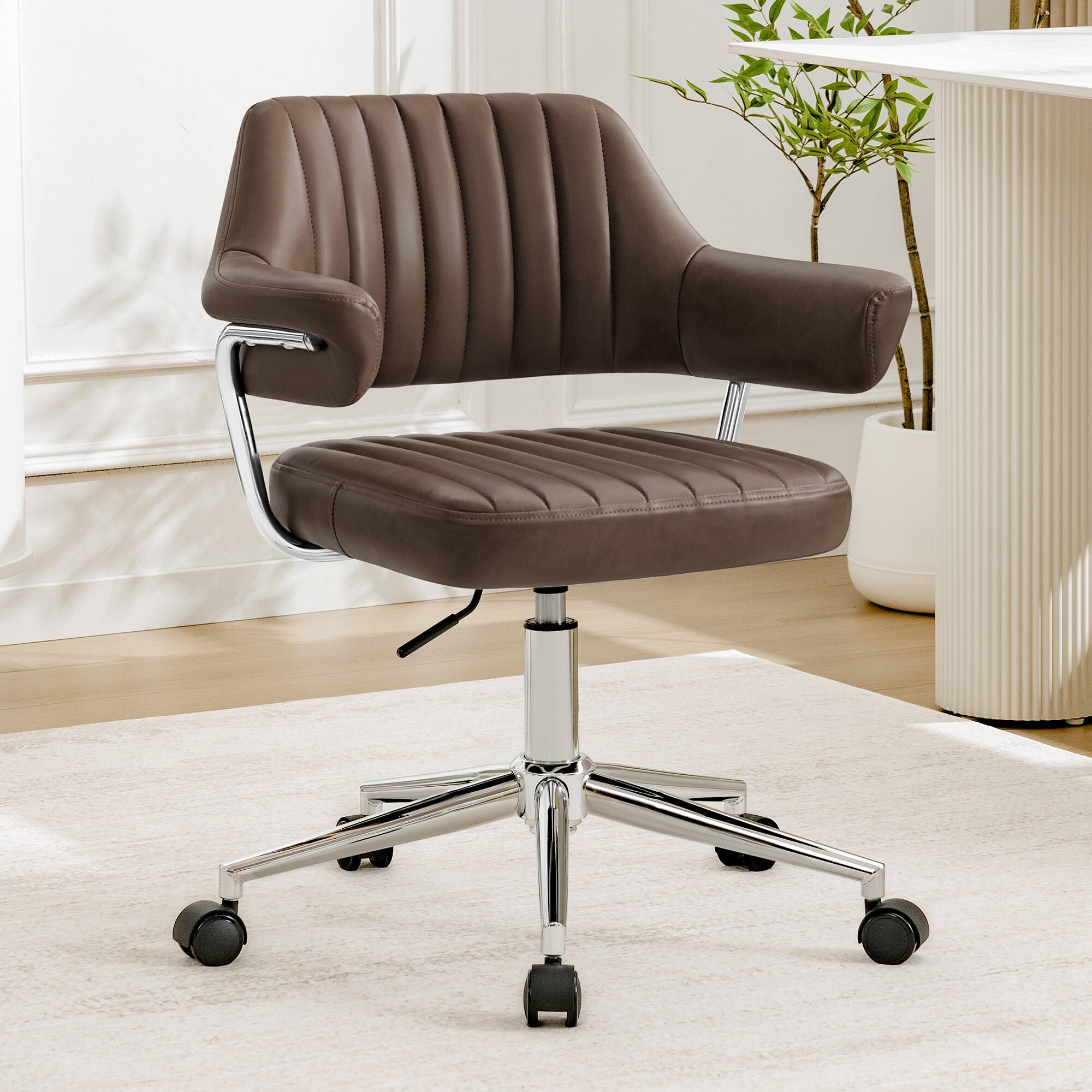 Alt View 7. KERDOM - Swivel Upholstery Vanity Chair with Arms, Adjustable Height Desk Chair for Home Office Study Makeup Dresser, PU Leather - Coffee-1PC.