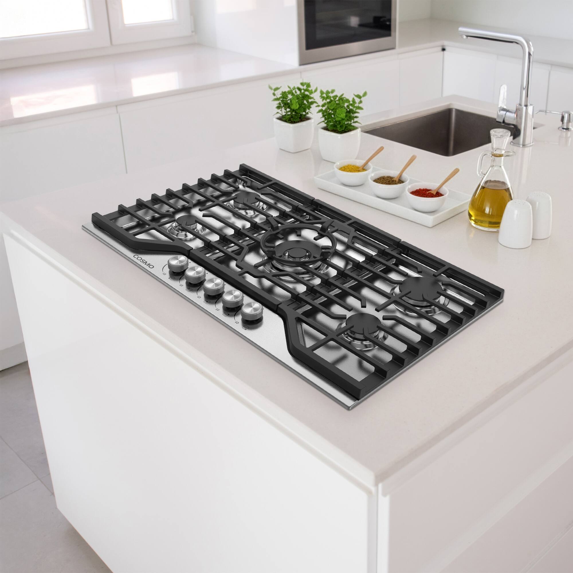 Angle. COSMO - COS-CTGV365SS 36 in. Vista Collection Drop-in Gas Cooktop with 5 Burners, Metal Knobs, Cast Iron Grates, Stainless Steel - Stainless Steel.