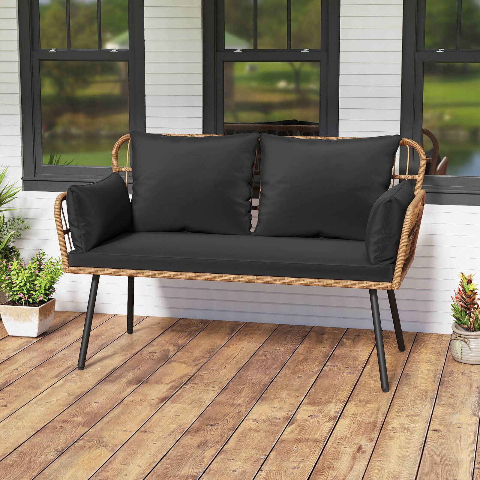 Alt View 1. Costway - Costway Patio Wicker Loveseat Furniture with Seat Back Cushions, Heavy-Duty Metal Legs - Black.