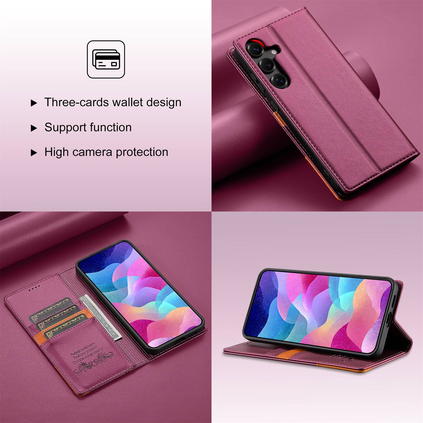 Three-cards wallet design  
Support function  
High camera protection