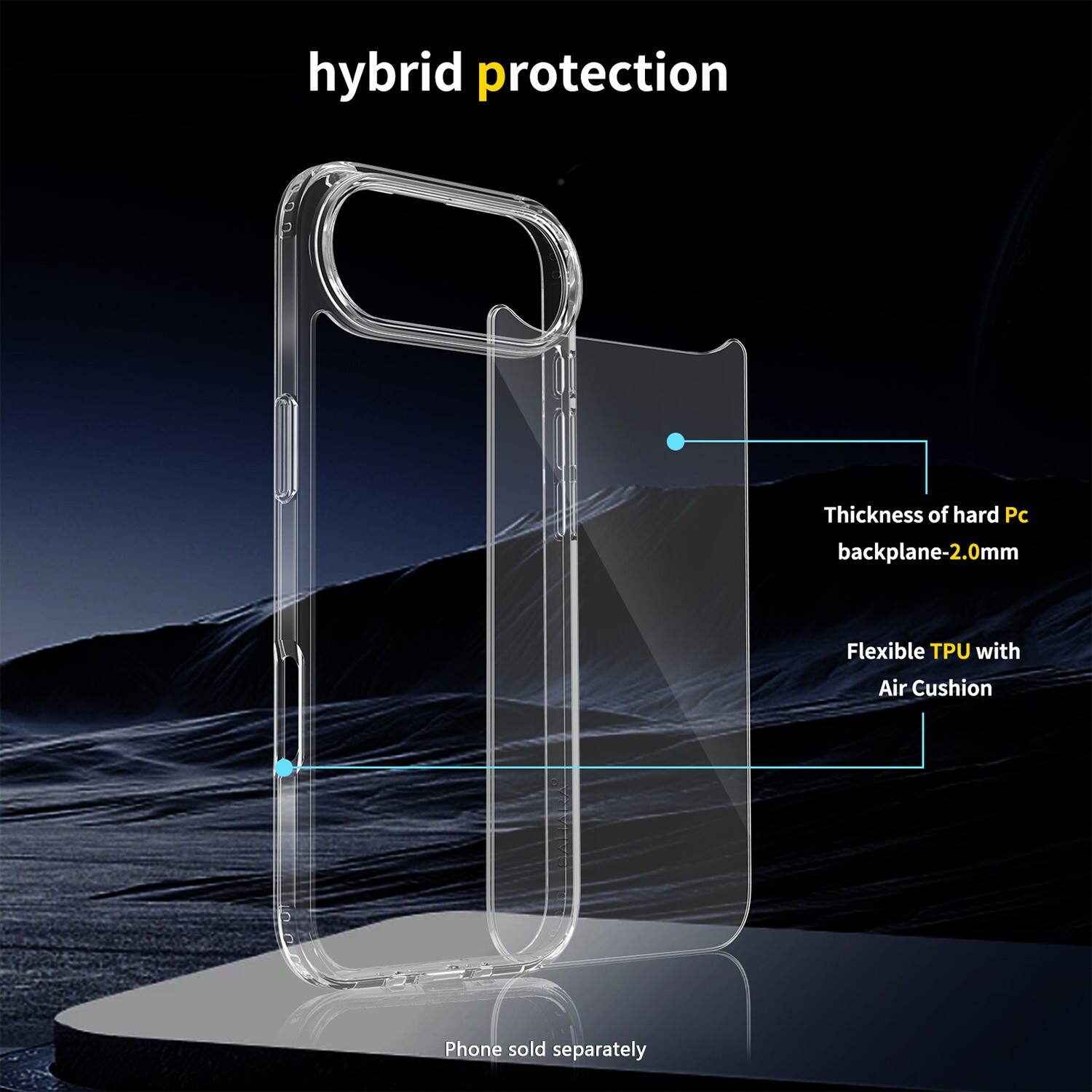 hybrid protection

Thickness of hard Pc backplane-2.0mm

Flexible TPU with Air Cushion

Phone sold separately