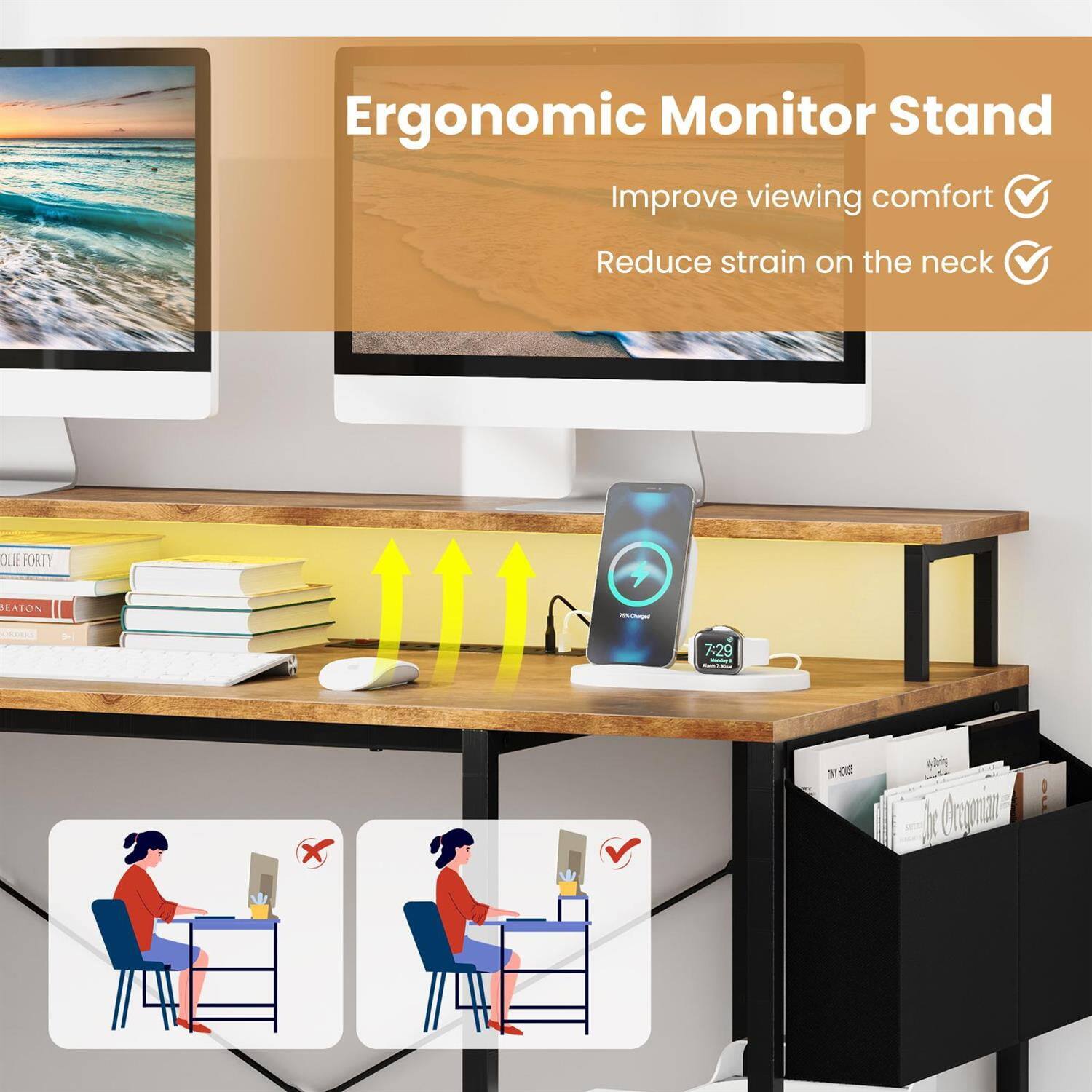 Ergonomic Monitor Stand  
Improve viewing comfort  
Reduce strain on the neck  

CLIE FORTY HLAION  
7:29  
V M 1022  
ICmomzin
