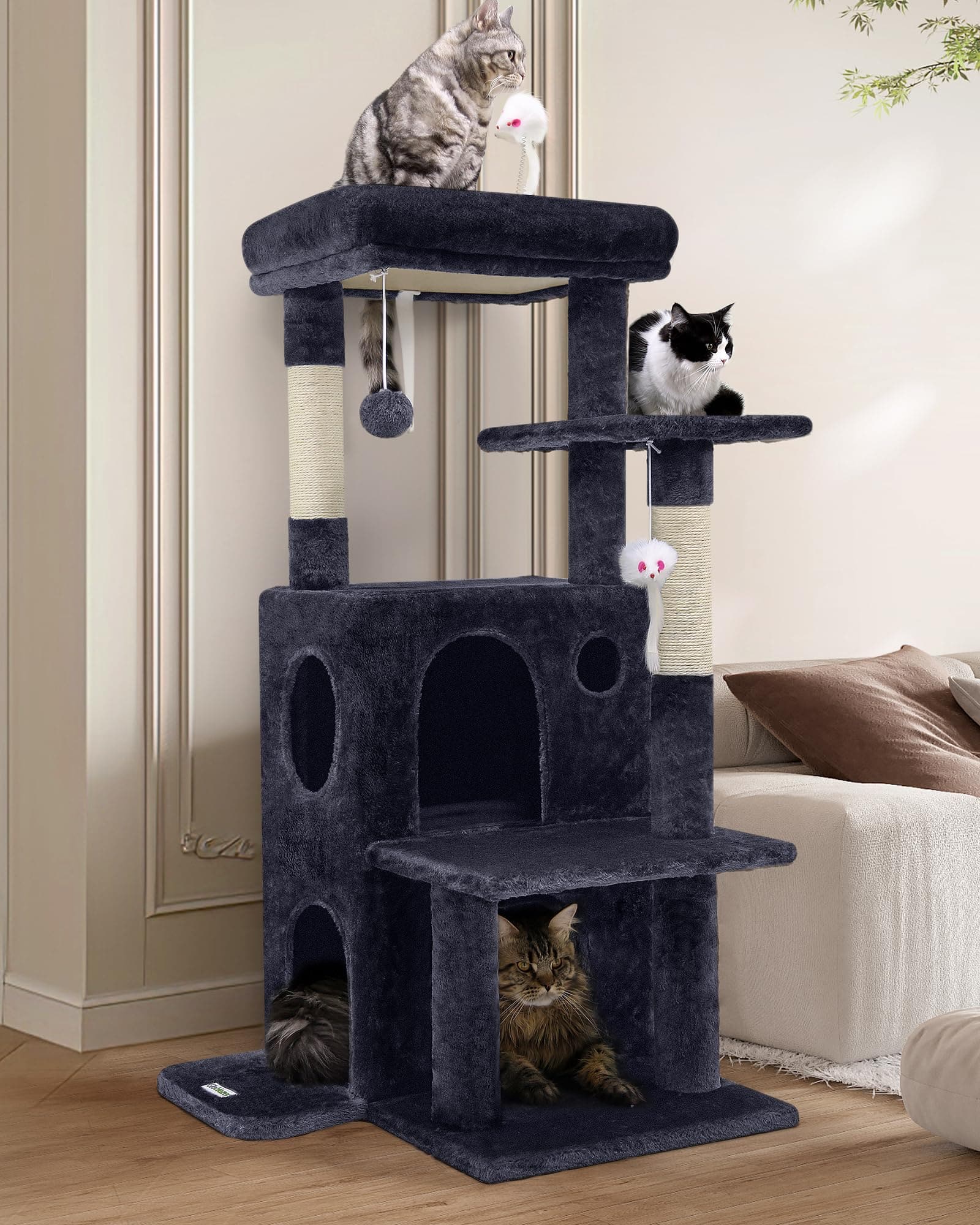 Hirose Alice - Cat Tree Tower For Indoor Cats 50-inch Adult House With Steps 2 Caves Dangling Toys Fc50 Light - Dark Grey 50inch
