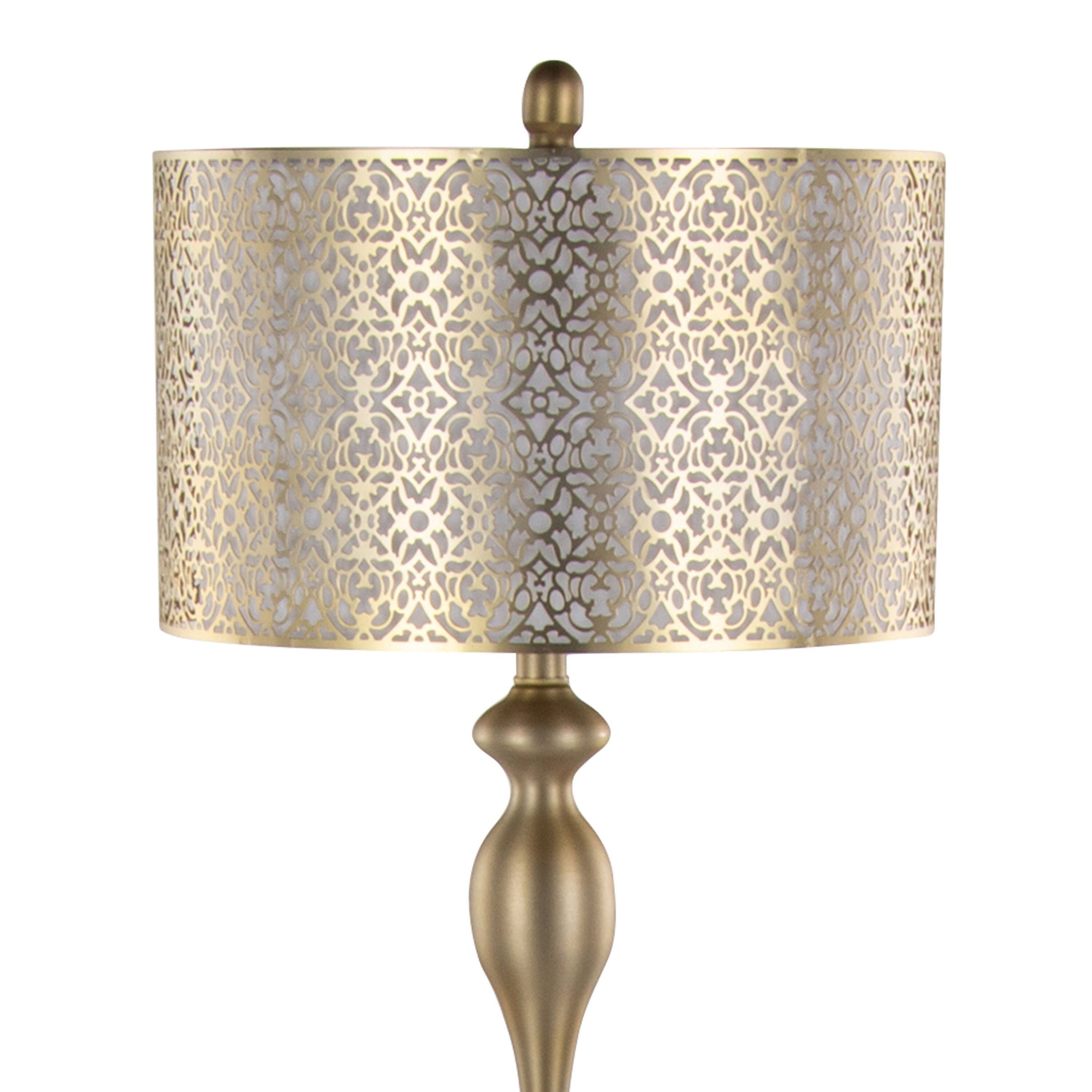 Left. APRILSOUL - Ashland 63in Contemporary Metal Floor Lamp in Gold Metal with Laser Cut Metal and Off-White Linen Shade - Gold.