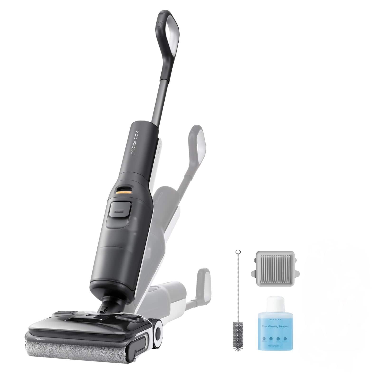Roborock O1 is a carpet cleaner with a black and grey color scheme. It comes with a brush and a blue bottle, likely containing cleaning solution. The carpet cleaner is designed to efficiently clean carpets and floors, making it a useful tool for maintaining a clean and hygienic living space.