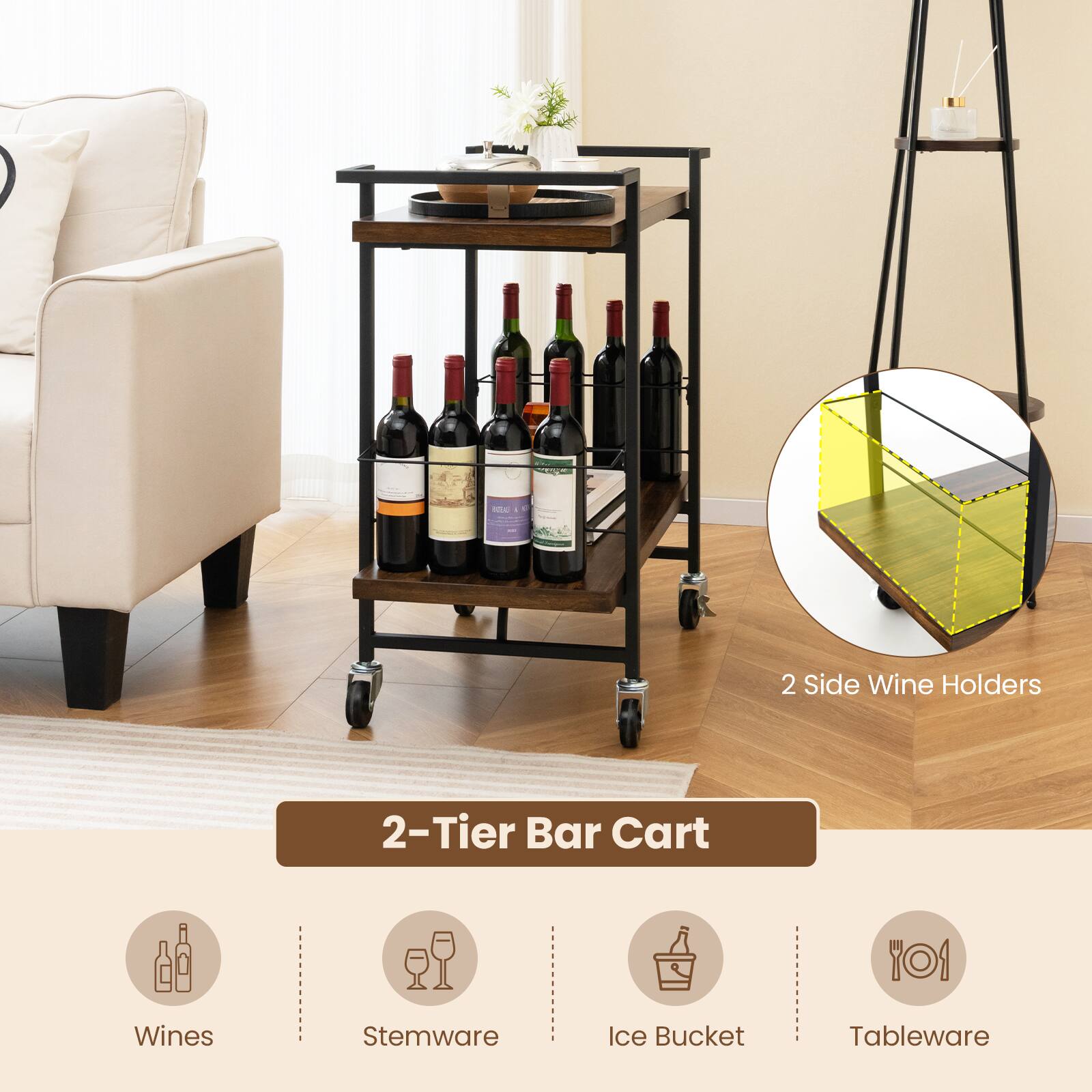 2 Side Wine Holders, 2-Tier Bar Cart, Wines, Stemware, Ice Bucket, Tableware