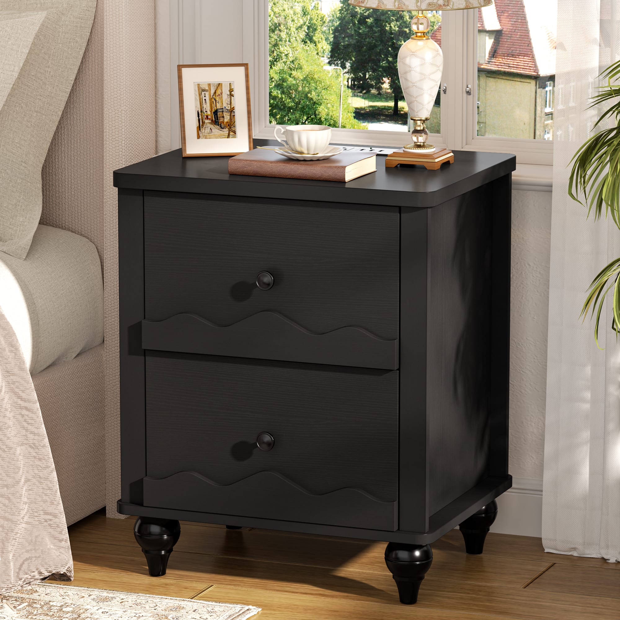 Aheaplus - Nightstand with 2 Drawers, Farmhouse Nightstand with Charging Station - Black