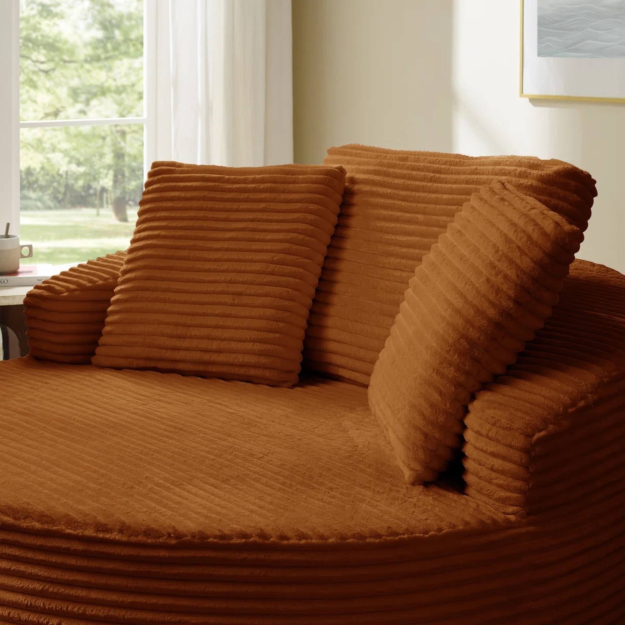 Alt View 3. Yardgrace - Oversized 55.1" Round Corduroy Chaise Lounge – Deep Seat Cloud Sofa, No Assembly Needed - Orange.