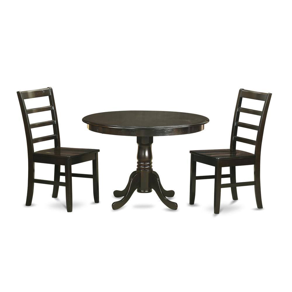 Front. East West Furniture - 3 Pc small Kitchen Table and Chairs set-Kitchen Table and 2 Dinette Chairs. - Cappuccino.