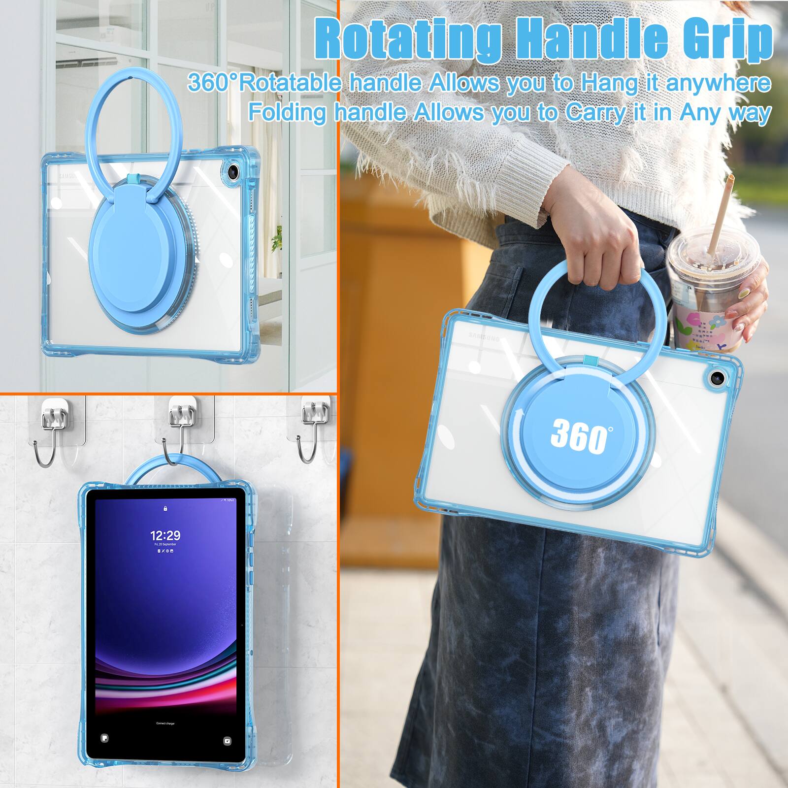 Rotating Handle Grip  
360° Rotatable handle. Allows you to Hang it anywhere  
Folding handle. Allows you to Carry it in Any way