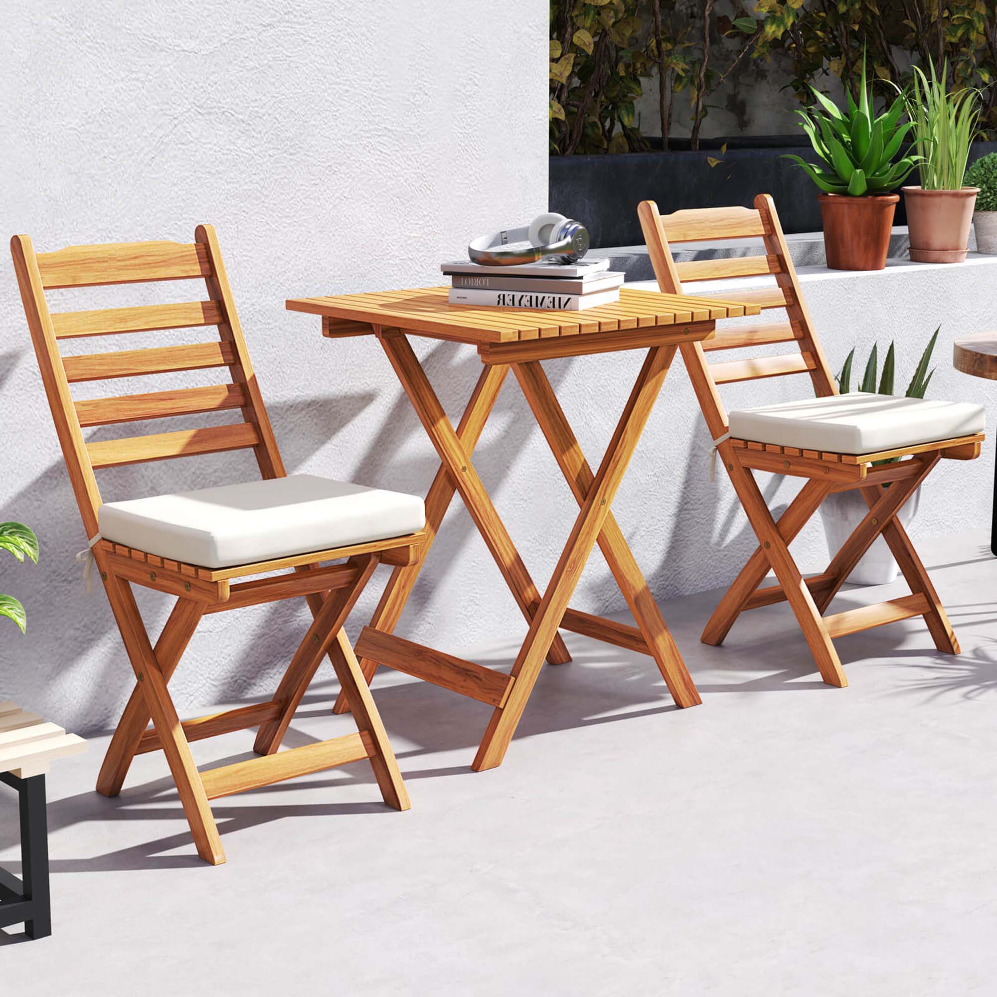 Alt View 4. Costway - 3-Piece Folding Bistro Set with Removable Seat Cushions Outdoor Table and Chairs - Natural,Off-White.