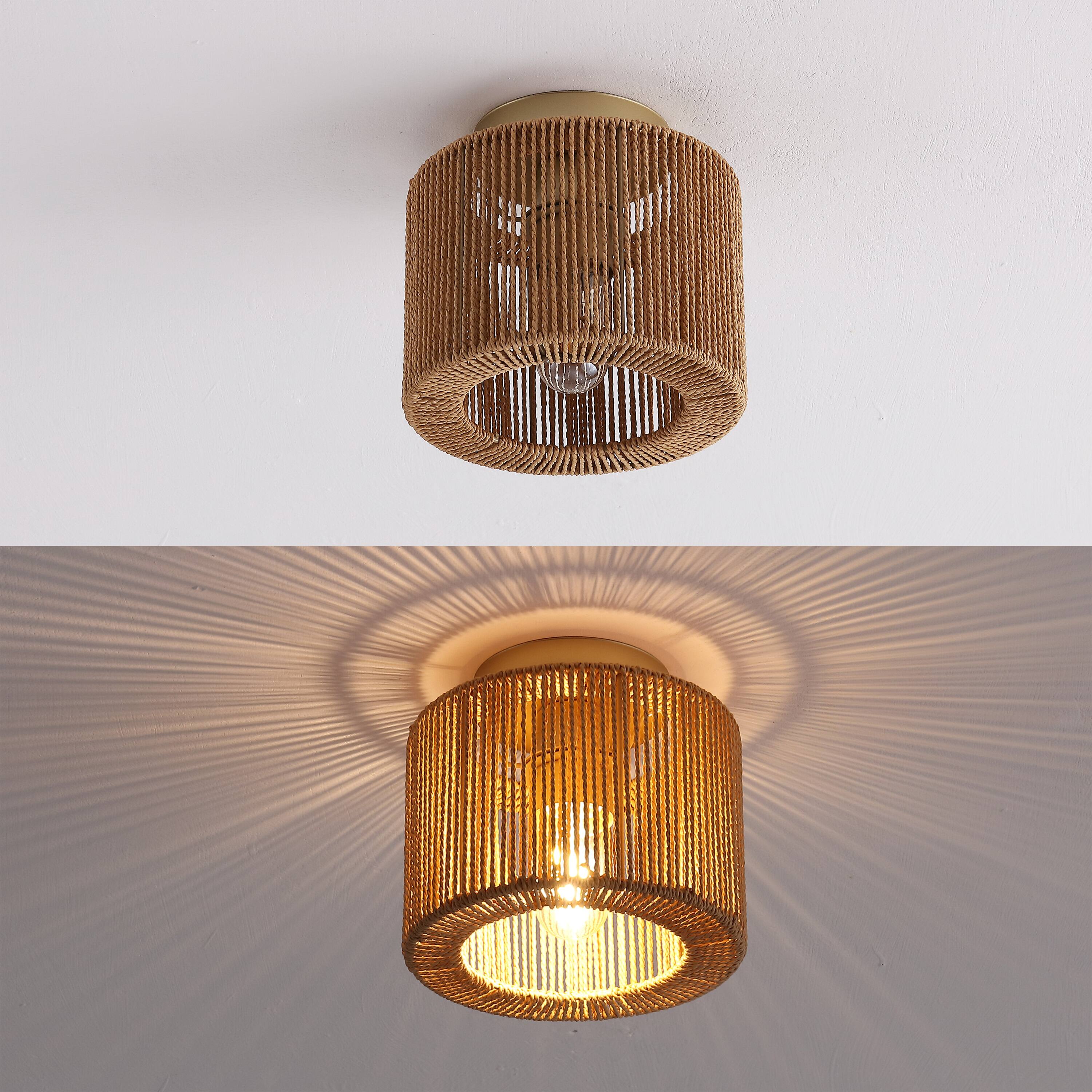 Alt View 6. Jonathan Y - Omar Set of 2 Modern 8" Gold Painting Metal Flush Mount with Brown Paper Cylinder Straight Weave Shade, for Bedroom - Brown.