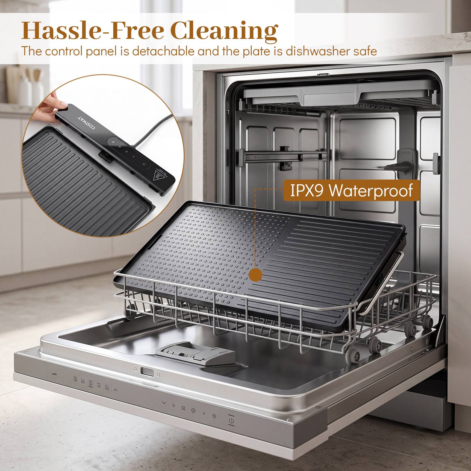 Hassle-Free Cleaning  
The control panel is detachable and the plate is dishwasher safe  

A COSTWAY IPX9 Waterproof