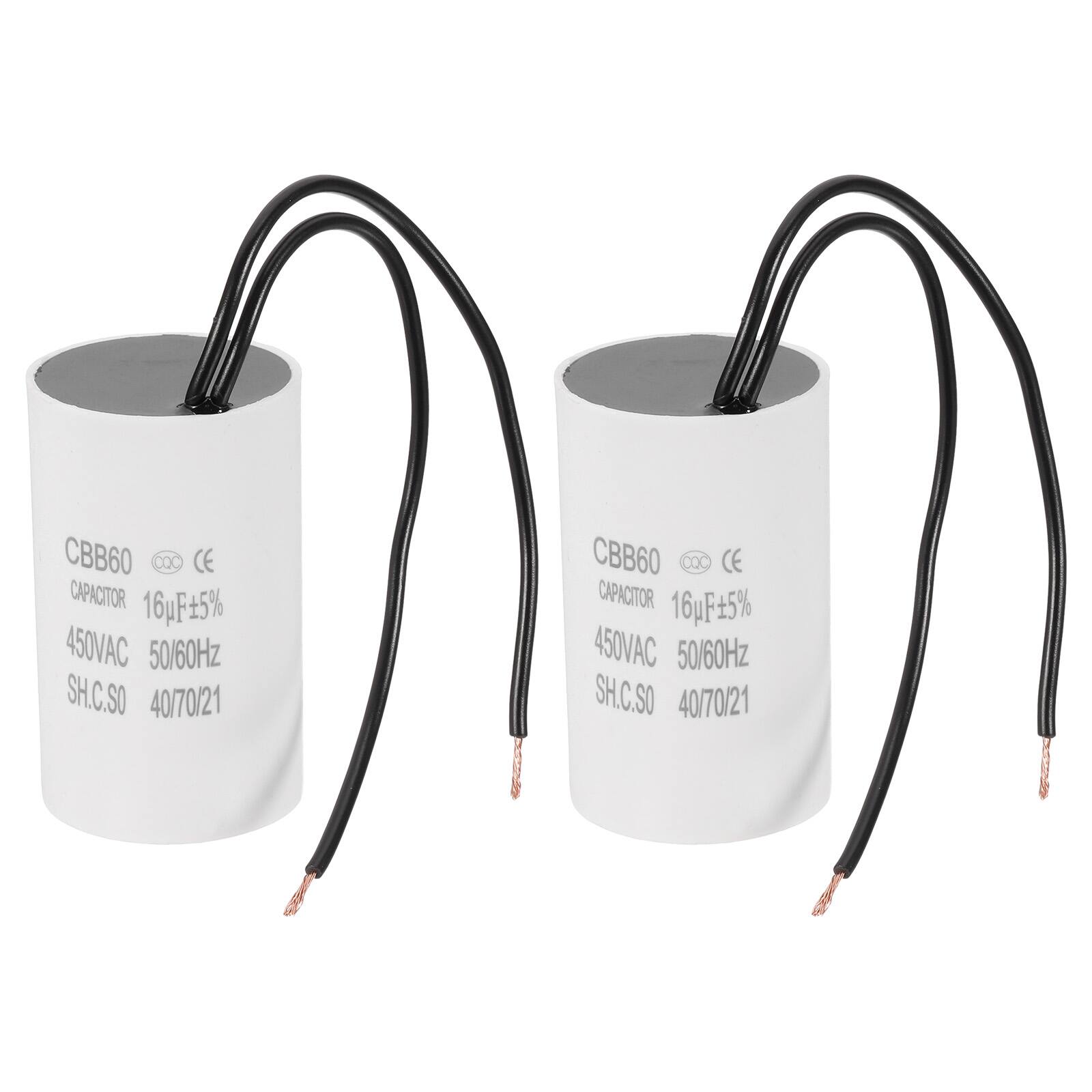 Unique Bargains - 2pcs 16uF CBB60 Running Capacitor, AC 450V 2 Wires 50/60Hz for Refrigerators, Washing Machines, Water Pumps - White