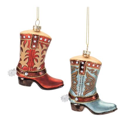 Front. BreeBe - Glass Cowboy Boot Ornament (Set of 6) - Blue, Red.