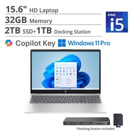 HP - 15.6" HD Laptop,Intel Core i5-1334U,32GB DDR4,2TB SSD+1TB Dock Set,Iris Xe Graphics,HD Camera,Win 11 Pro - Silver