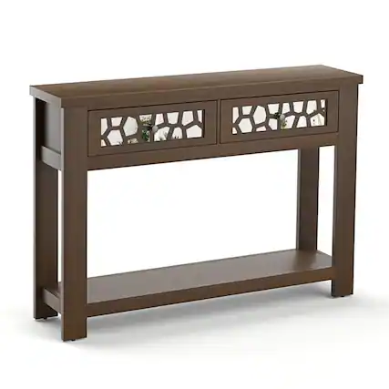 Front. Resenkos - 2-Tier Console Table with Drawers and Open Storage Shelf-Brown, Narrow Console Table, Entryway Hall Table with Shelves - Brown.