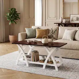 WELLFOR - 40" Farmhouse Coffee Table with Storage Shelf & X Shape Frame, Wooden 2-Tier Center Table for Living Room - Walnut