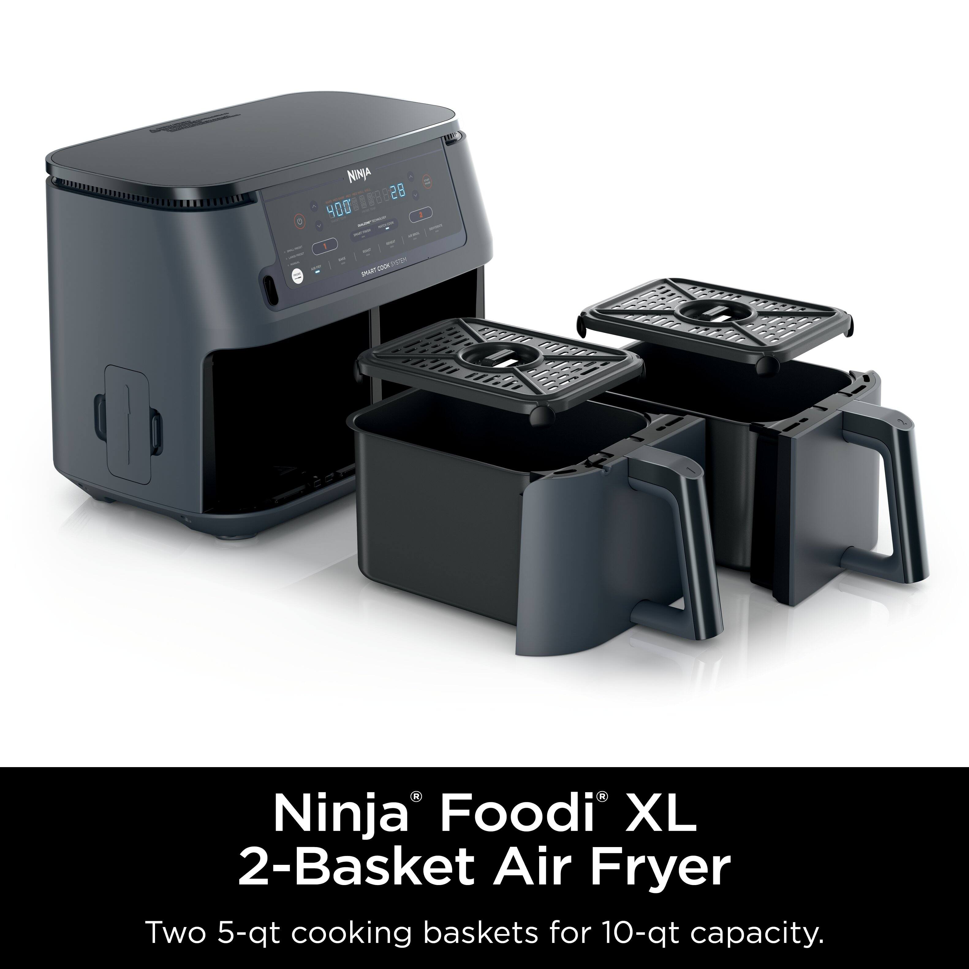 Ninja Foodi XL 2-Basket Air Fryer: Two 5-qt cooking baskets for 10-qt capacity.