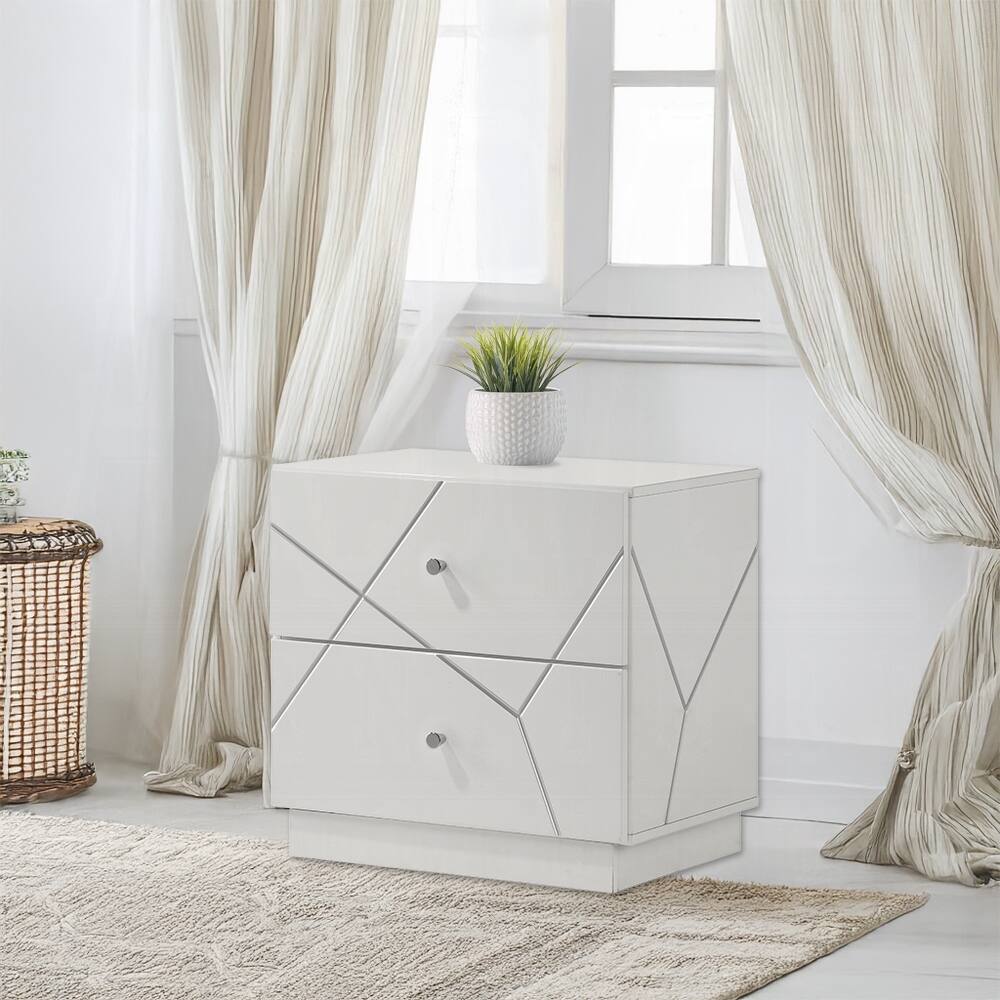Front. Tiramisubest - Ultra Modern Nightstand with 2 Drawers, White High Gloss Finish, Contemporary Bedroom Cabinet - White.