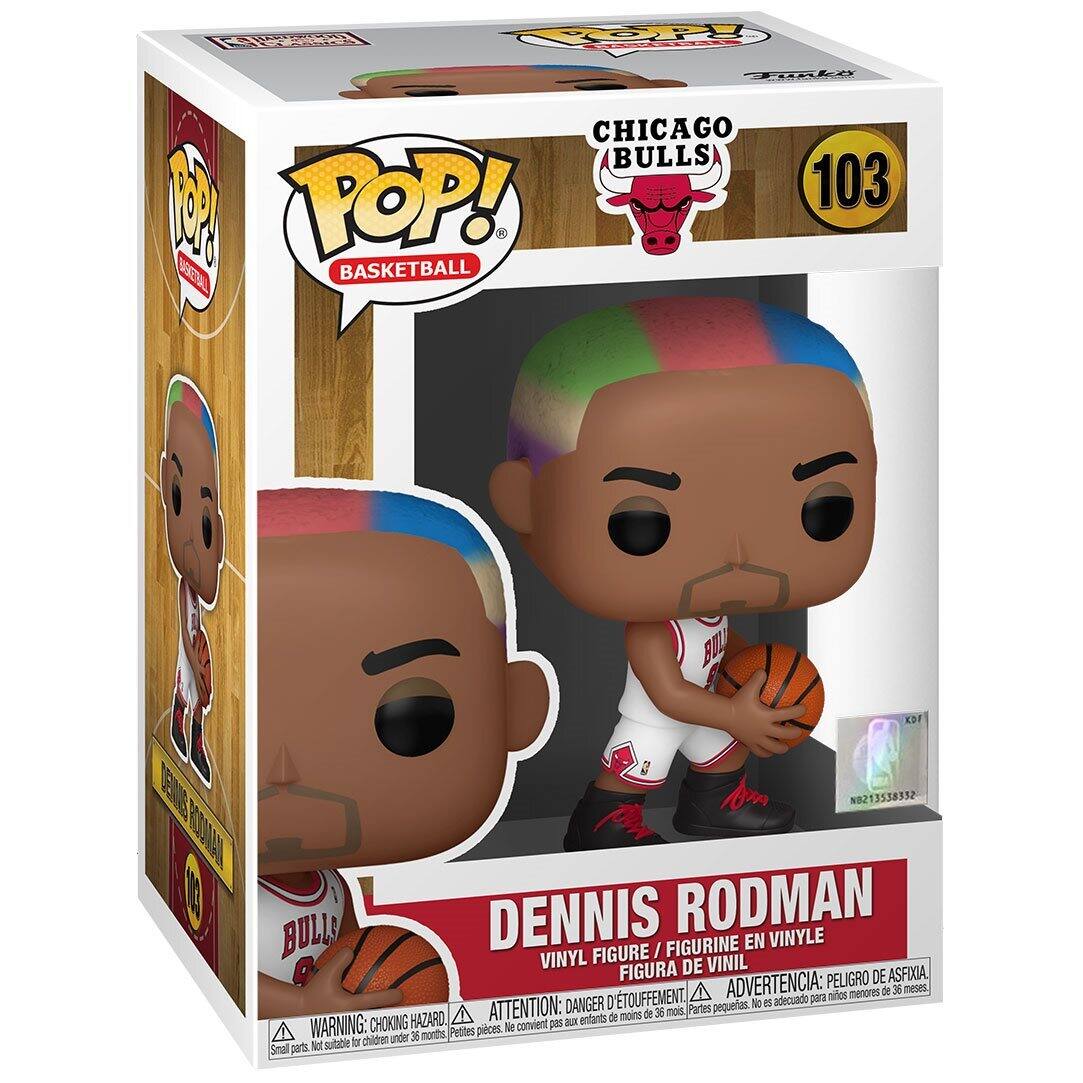 Sure, here is the corrected and grouped text from the image:

---

**CHICAGO BULLS**  
**103**

**POP! BASKETBALL**

**DENNIS RODMAN**  
VINYL FIGURE / FIGURINE EN VINYLE / FIGURA DE VINIL / FIGURA DE VINIL

**WARNING: CHOKING HAZARD**  
Small parts. Not suitable for children under 36 months.  
**ATTENTION: DANGER D'ÉTOUFFEMENT**  
Petites pièces. Ne convient pas aux enfants de moins de 36 mois.  
**ADVERTENCIA: PELIGRO DE ASFIXIA**  
Pequeñas piezas. No es adecuado para niños menores de 36 meses.

**KDF**  
**NB 213538532**

---

This text is organized to reflect the information on the packaging, including warnings and the figure's name.