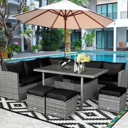 Mondawe - 7-Piece Sectional Rattan Sofa Set w/ Ottomans & Table, Outdoor Patio Conversation Set with Cushions - Black