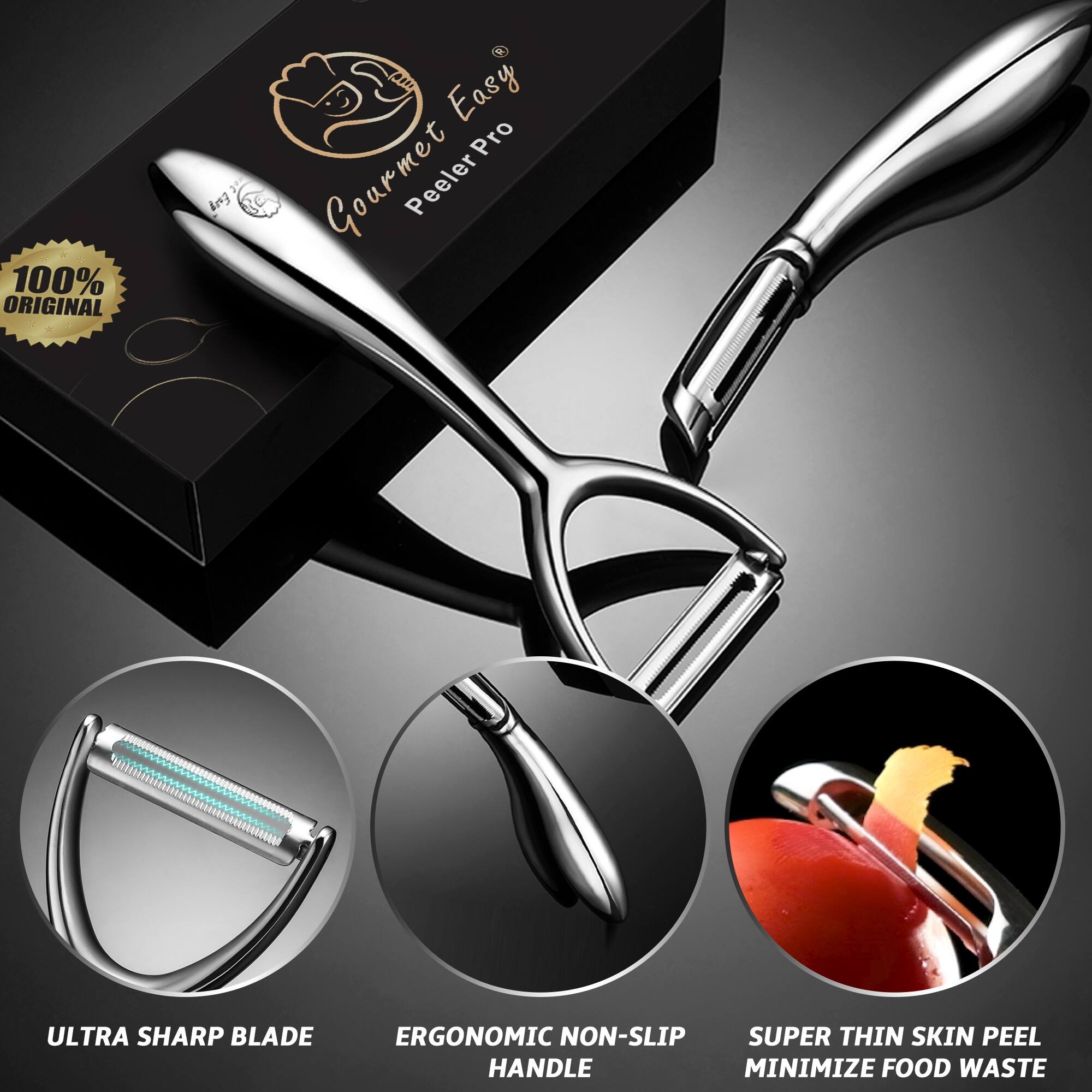 Angle. Gourmet Easy - Vegetable Peeler, Premium Stainless Steel Potato Peeler, High Tensile Ultra Sharp Blade Fruit and Food Slicer, Y Shaped.
