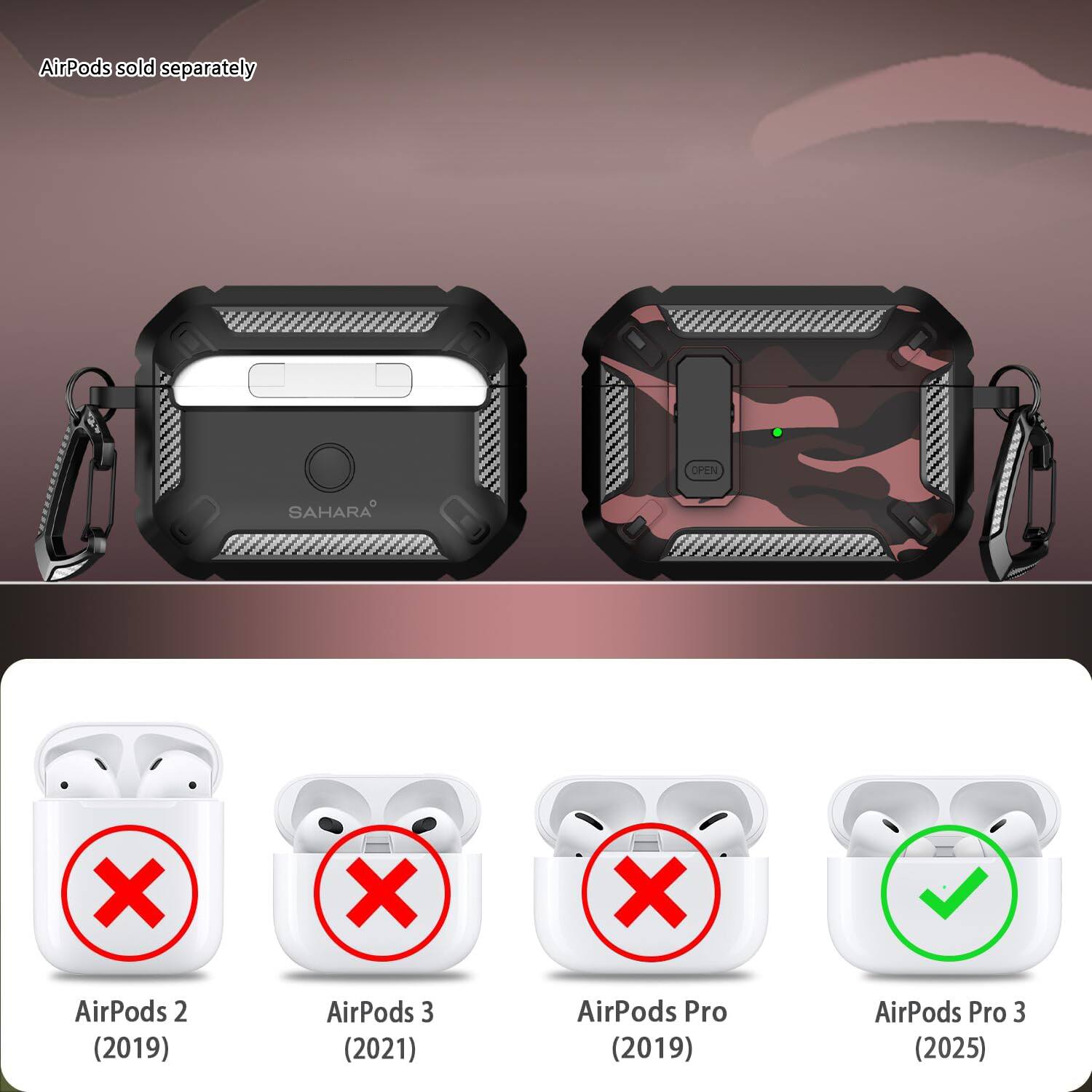 AirPods sold separately

AirPods 2 (2019)  
AirPods 3 (2021)  
AirPods Pro (2019)  
AirPods Pro 3 (2025)