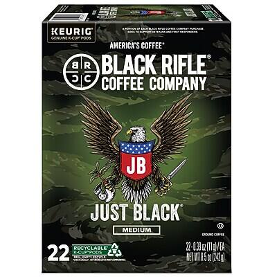 KEURIG GENUINE K-CUP PODS  
AMERICA'S COFFEE  

BLACK RIFLE COFFEE COMPANY  

JB JUST BLACK  
MEDIUM GROUND COFFEE  

22 K-CUP PODS  
RECYCLABLE  

NET WT 7.85 OZ (222g)  

22 - 0.33 OZ (11 g/EA)