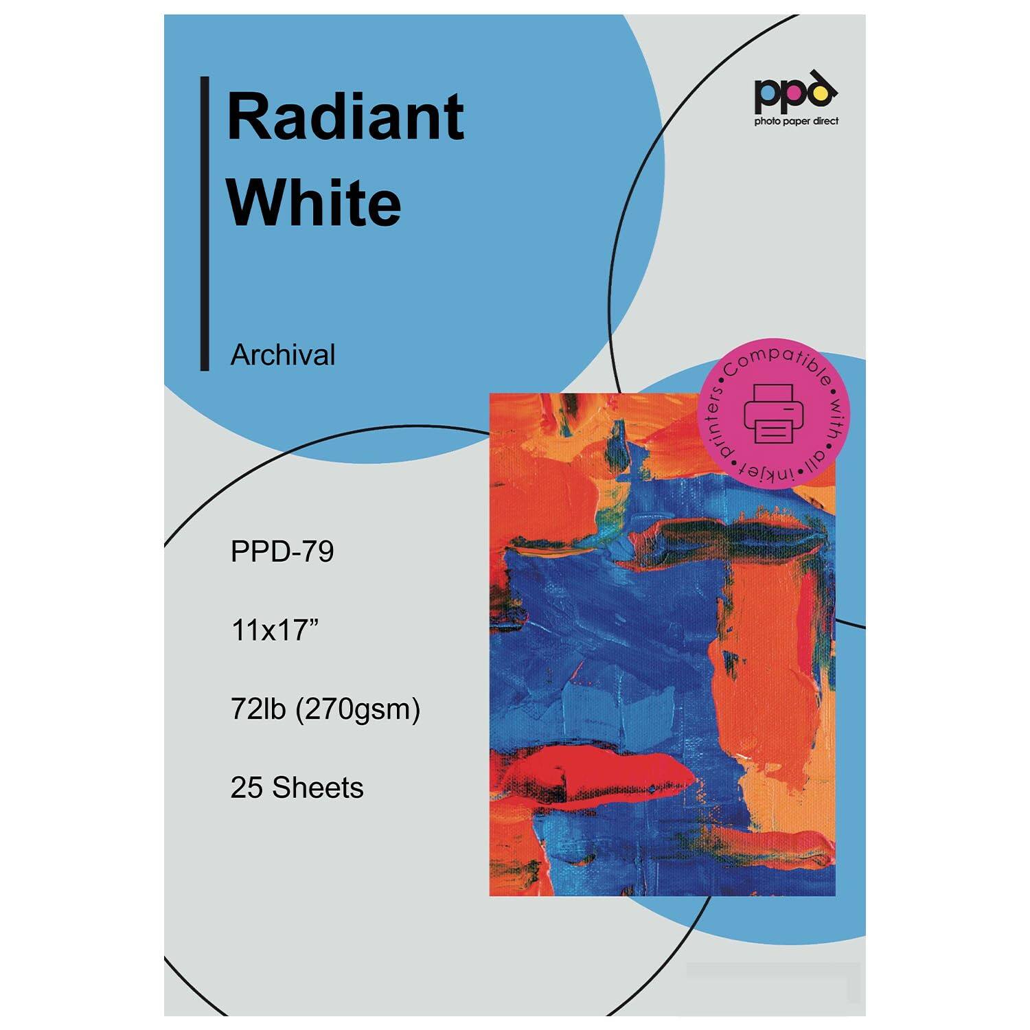Radiant White  
Archival  
PPD-79  
11x17"  
72lb (270gsm)  
25 Sheets  

Compatible with all inkjet printers  

ppd  
photo paper direct