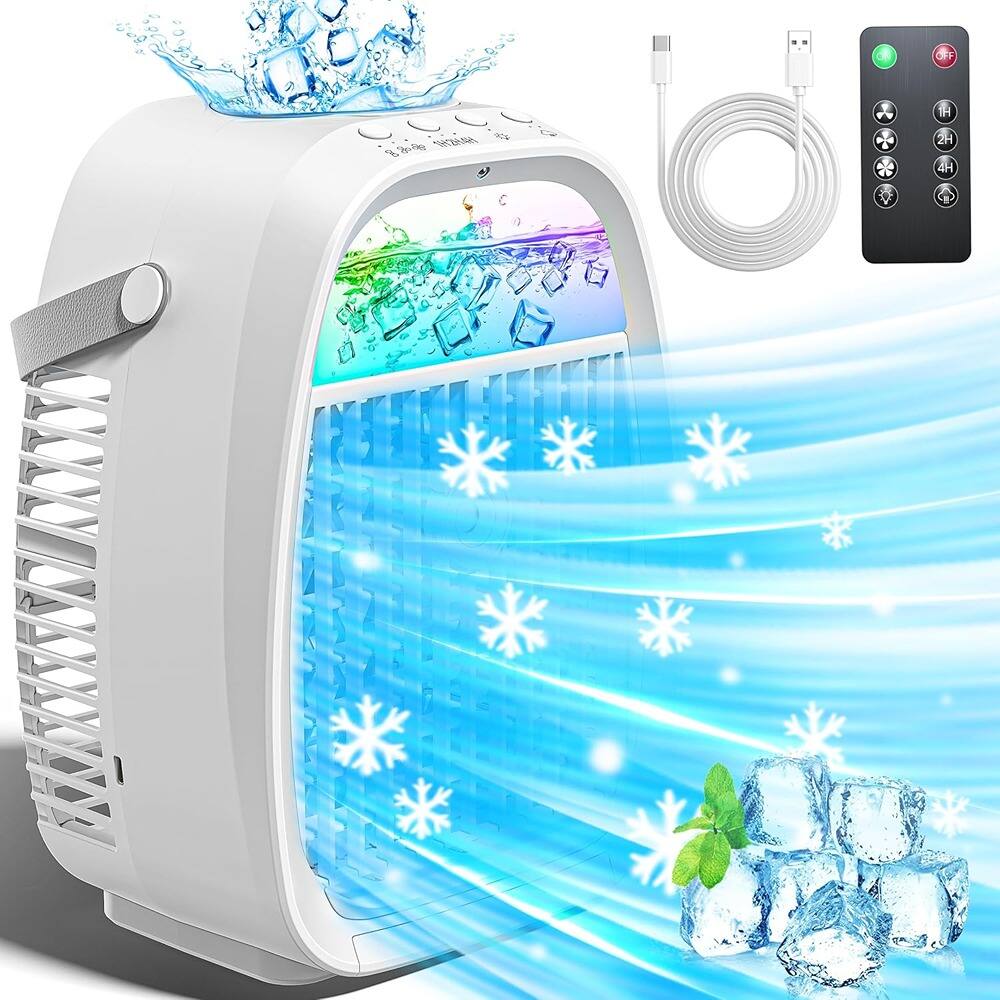 Front. RTMB - Seven Color Lights, AI Portable AC Unit with Fan and 1000ML Water Tank - White.