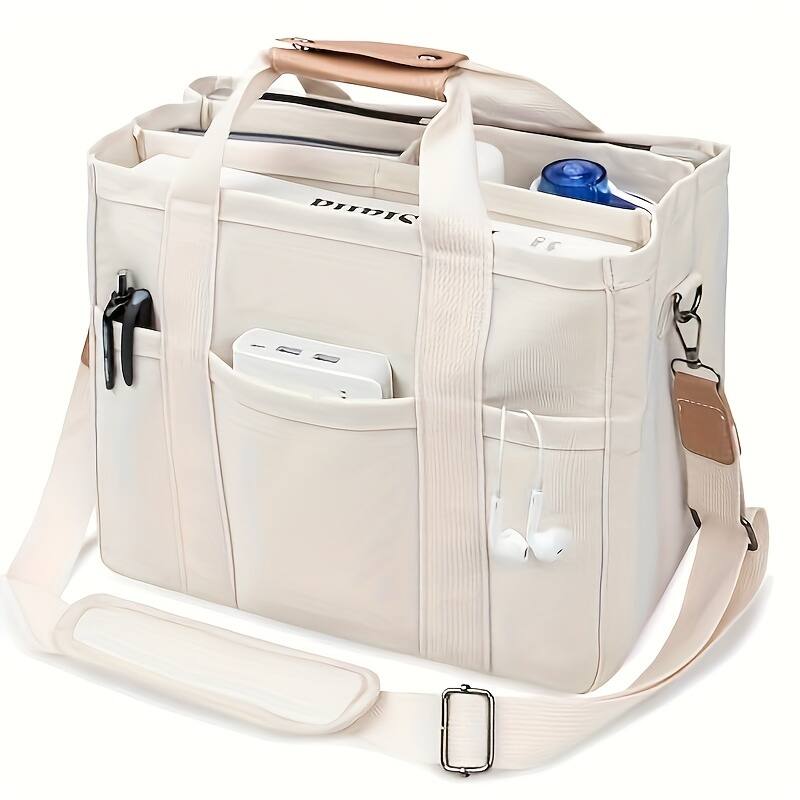 Front. Auledio - Stylish Multi-Pocket Canvas Tote Bag - Spacious, Durable, and Versatile Shoulder Handbag with Sturdy Handles for Women - white.