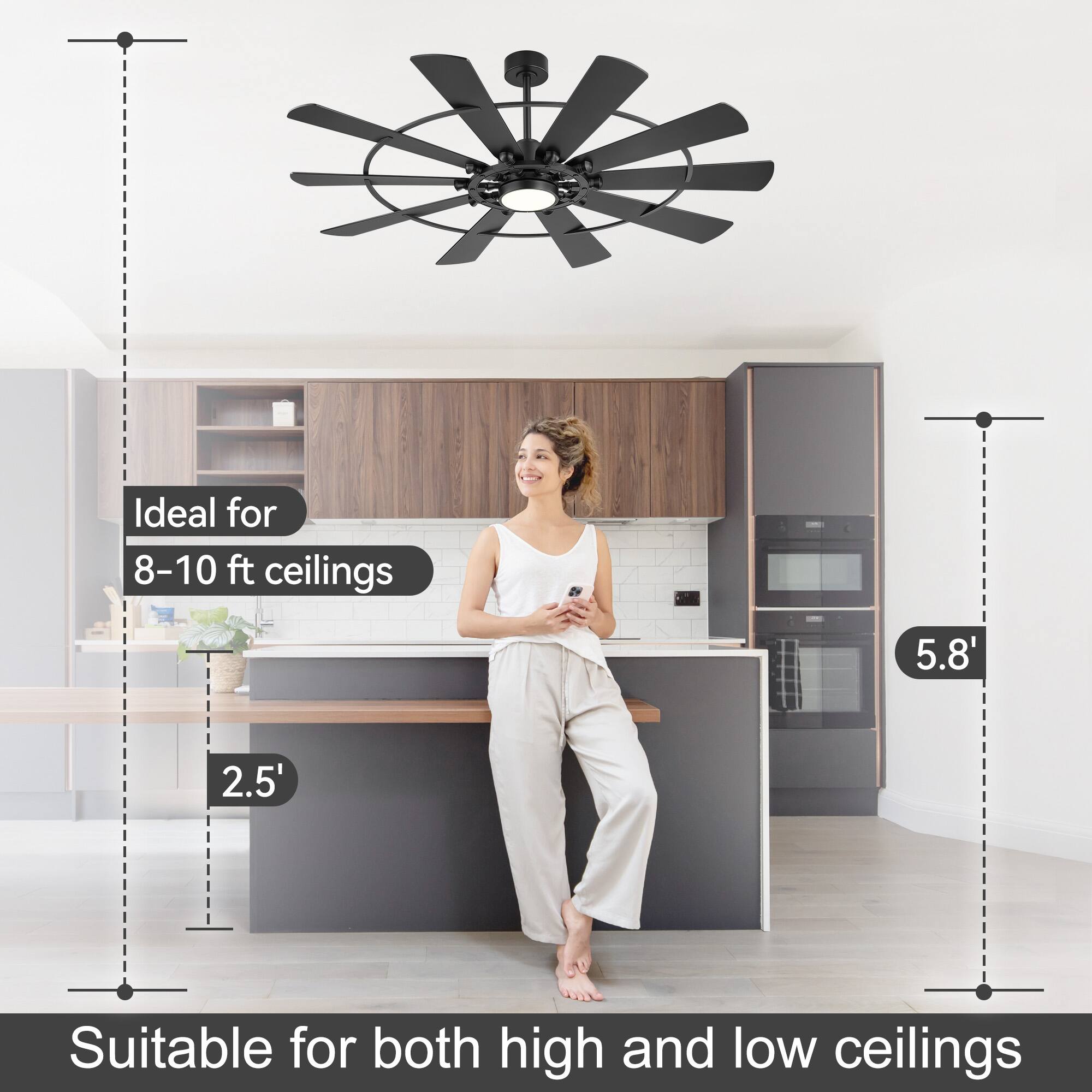 Ideal for 8-10 ft ceilings  
5.8'  
2.5'  
Suitable for both high and low ceilings