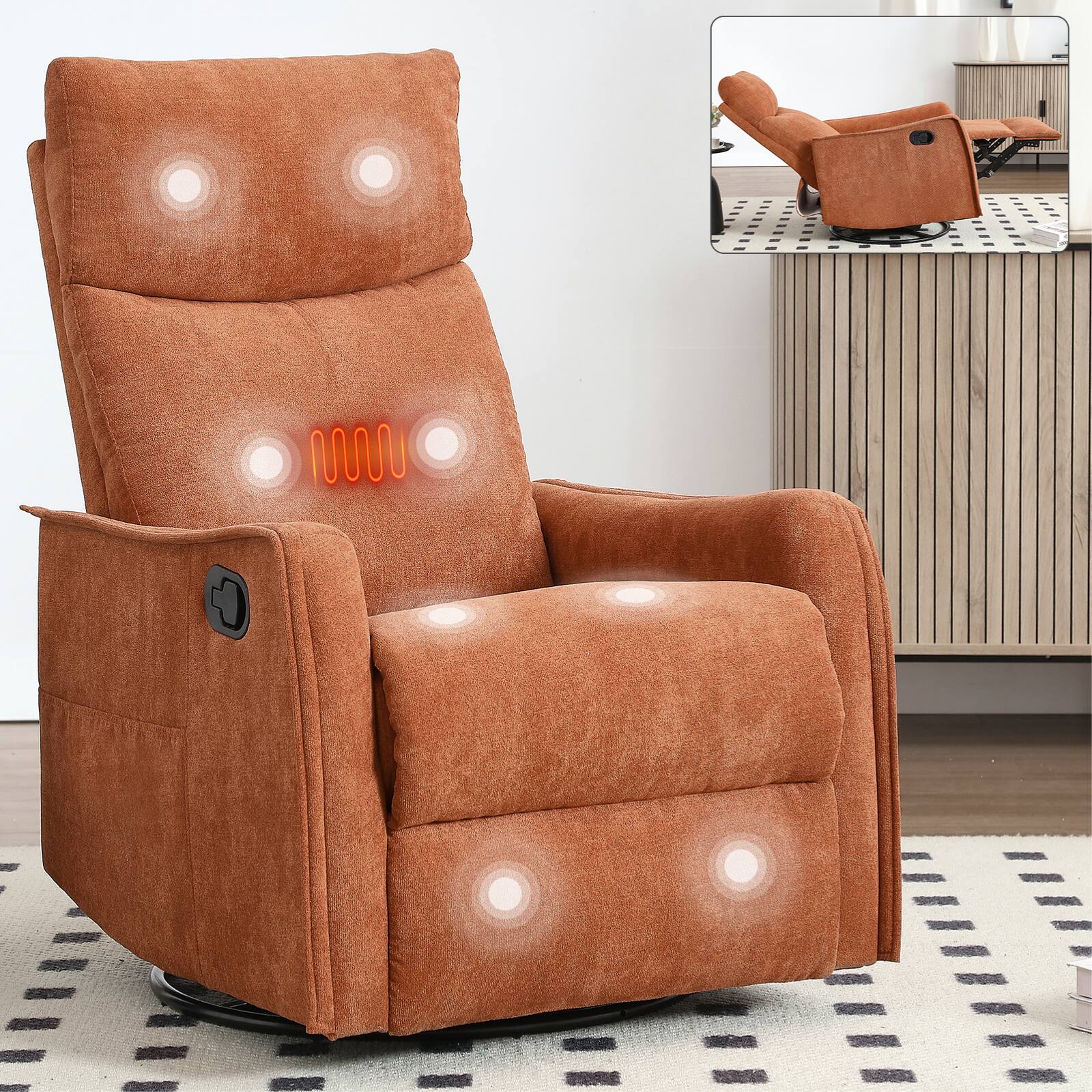 Angle. LUCKY ONE - Heat Massage Manual Recliner Chair with Rocker and Swivel - Orange.