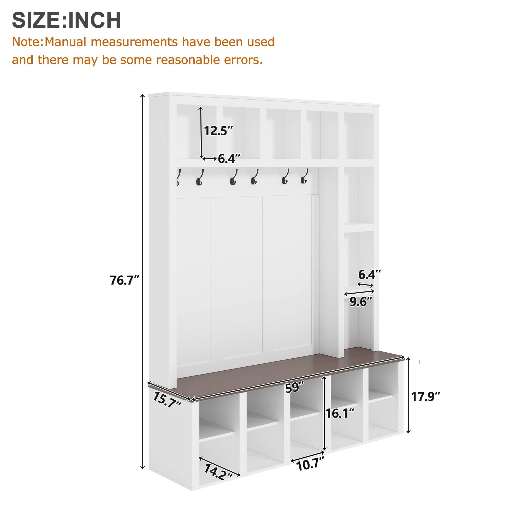SIZE: INCH

Note: Manual measurements have been used and there may be some reasonable errors.

12.5"  
6.4"  
76.7"  
6.4"  
9.6"  
15.7"  
59"  
16.1"  
17.9"  
14.2"  
10.7"