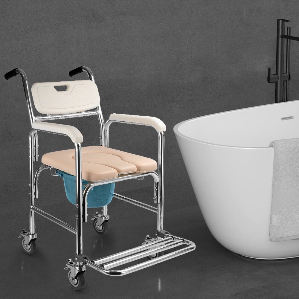 Back. Topteng - Aluminum Alloy Mobile Commode Chair - 3-in-1 Shower/Toilet/Wheelchair,Locking Wheel,300lb Capacity for Elderly Home Care - White.