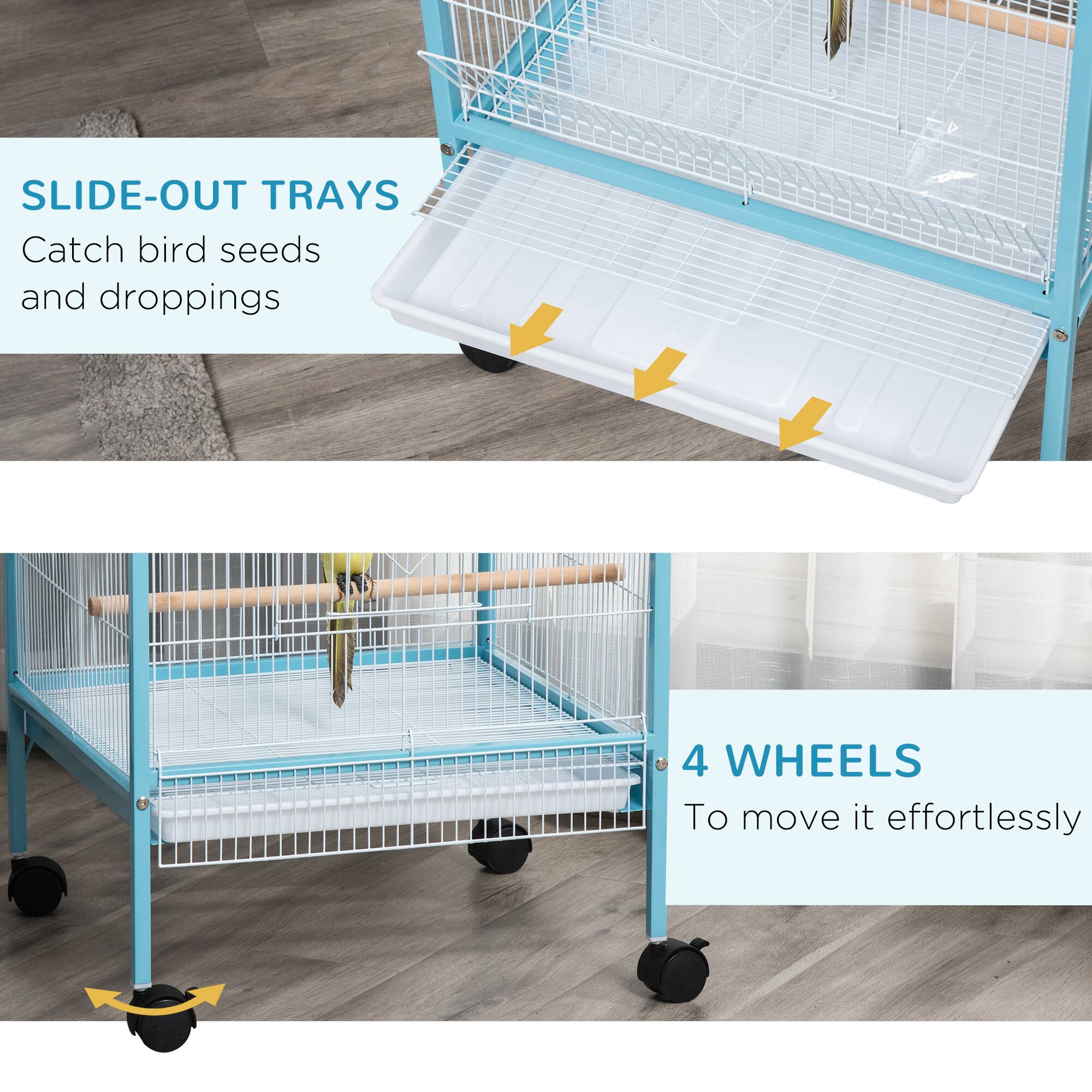 SLIDE-OUT TRAYS  
Catch bird seeds and droppings  

4 WHEELS  
To move it effortlessly