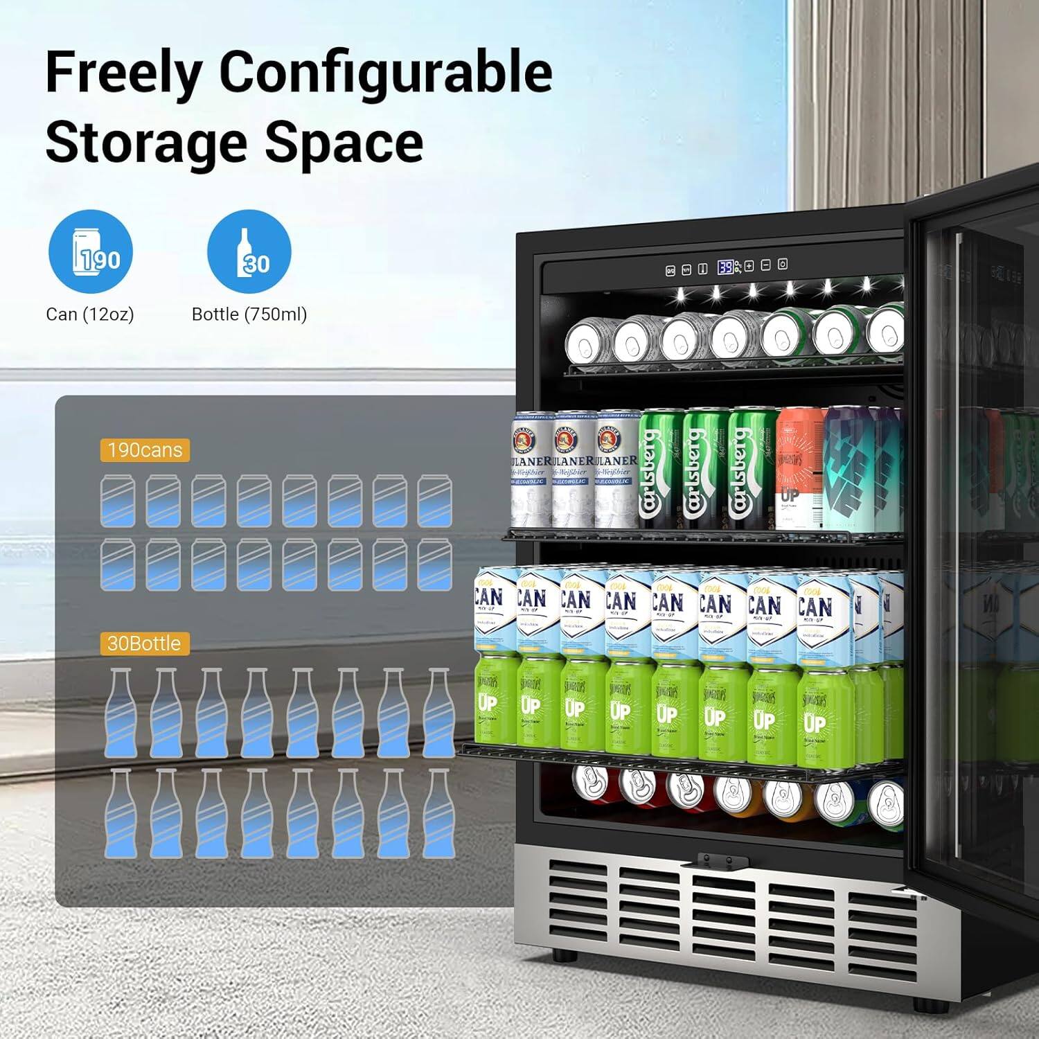 Freely Configurable Storage Space

Can (12oz) 190
Bottle (750ml) 30

190 cans
30 bottles